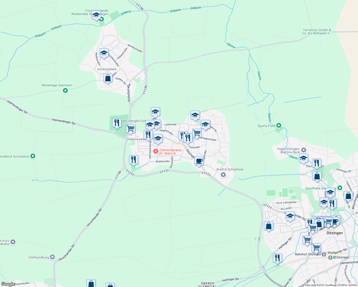 map of restaurants, bars, coffee shops, grocery stores, and more near 8 Ditzinger Straße in Ditzingen