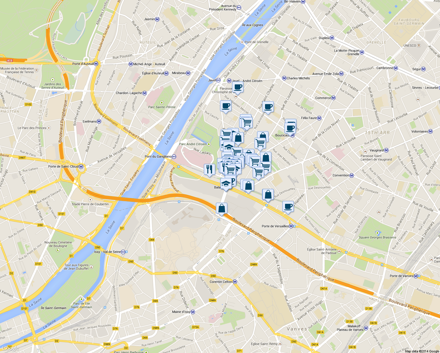 map of restaurants, bars, coffee shops, grocery stores, and more near 80 Rue Leblanc in Paris