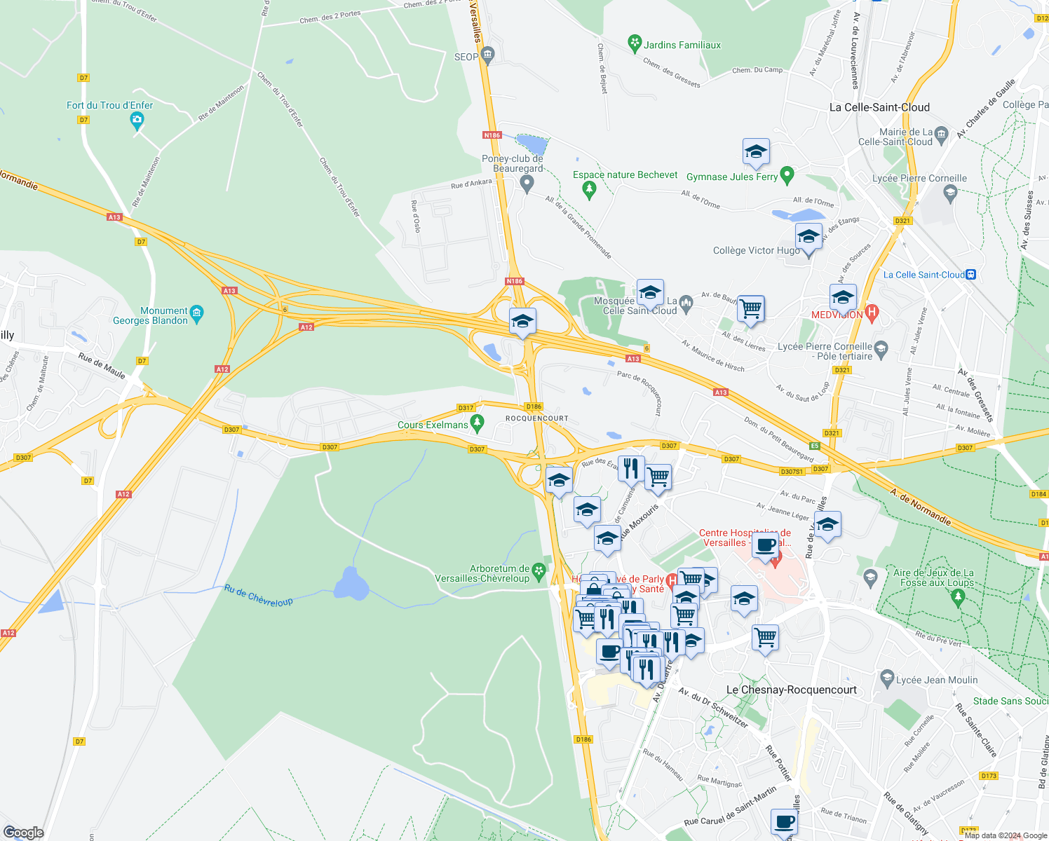 map of restaurants, bars, coffee shops, grocery stores, and more near in Rocquencourt