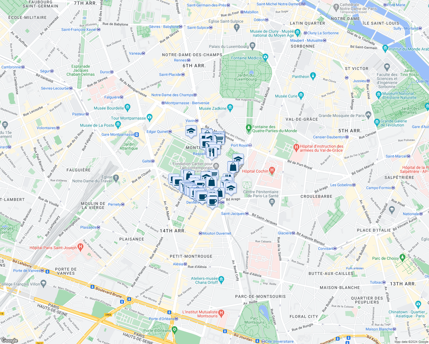 map of restaurants, bars, coffee shops, grocery stores, and more near 261 Boulevard Raspail in Paris