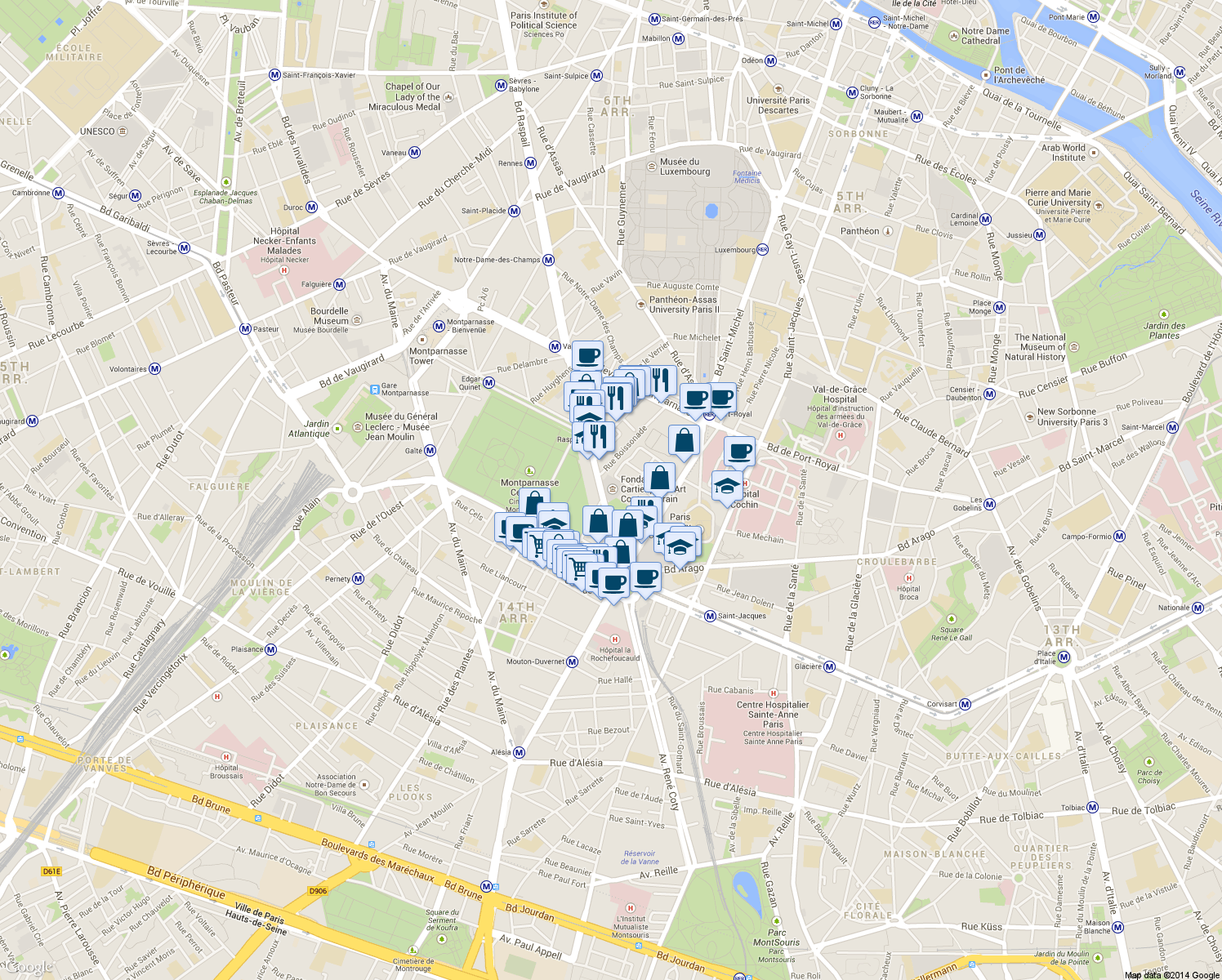 map of restaurants, bars, coffee shops, grocery stores, and more near 261 Boulevard Raspail in Paris