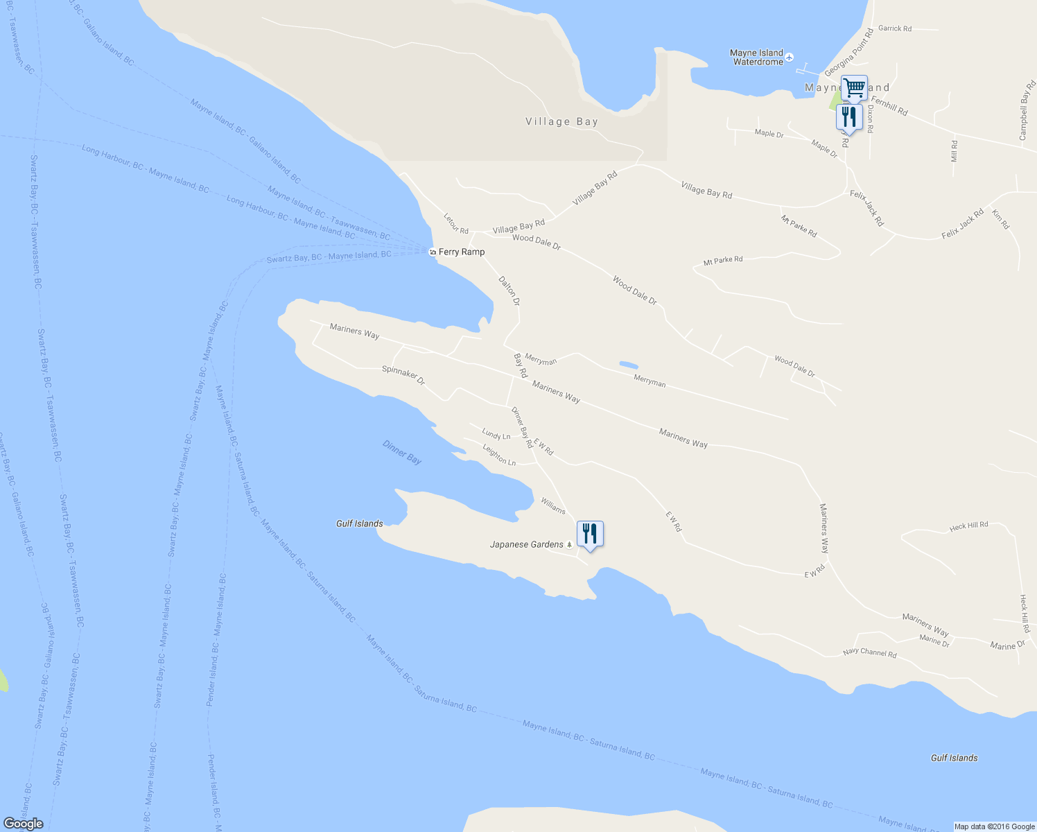 map of restaurants, bars, coffee shops, grocery stores, and more near Dinner Point Road in Mayne Island