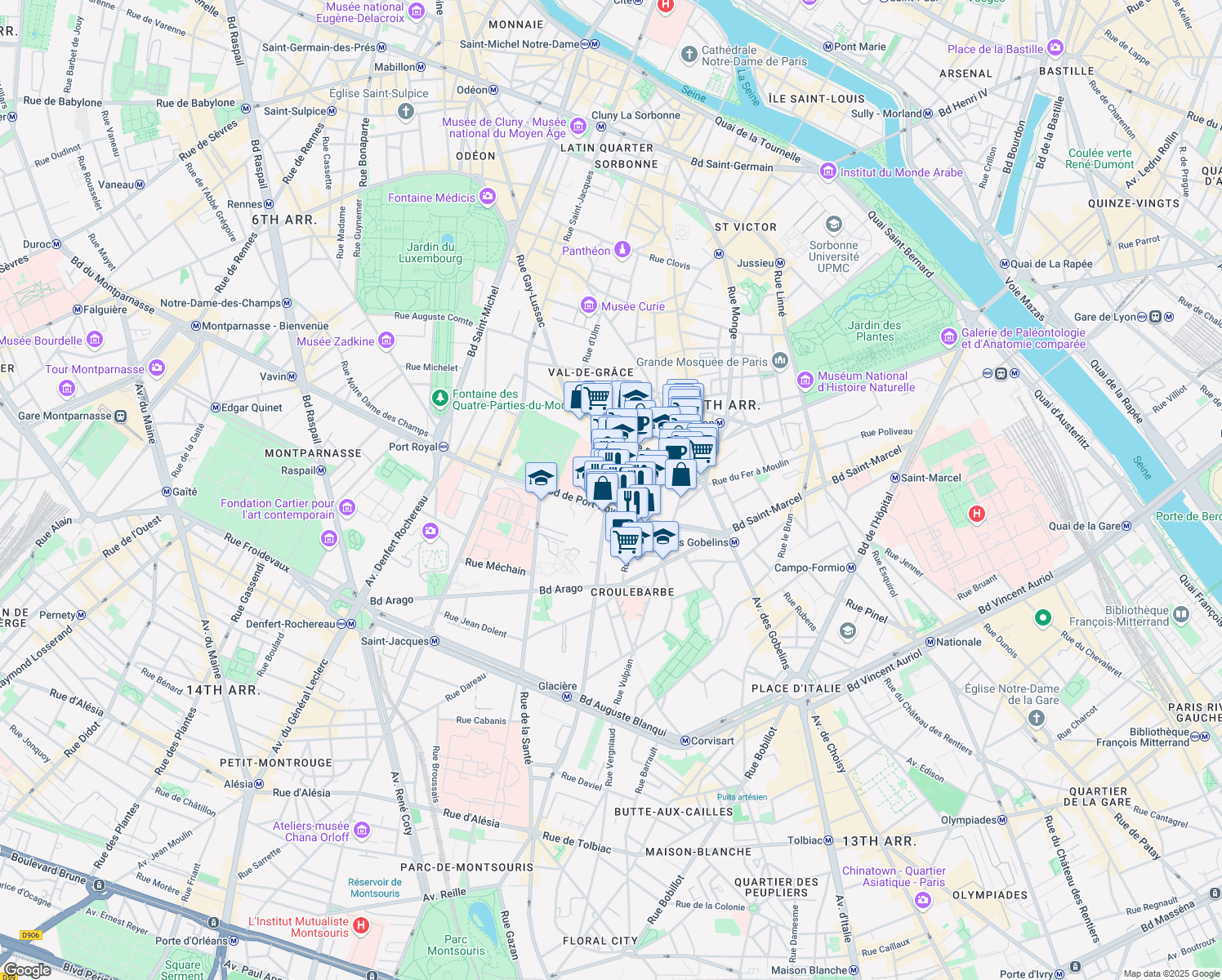 map of restaurants, bars, coffee shops, grocery stores, and more near 18 Rue Flatters in Paris