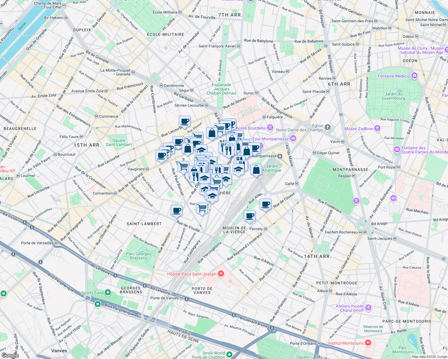 map of restaurants, bars, coffee shops, grocery stores, and more near 36 Rue du Cotentin in Paris