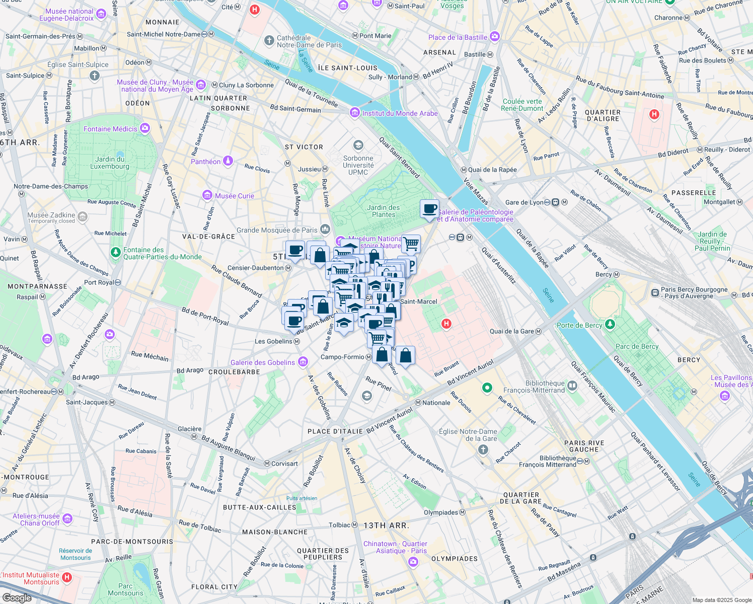 map of restaurants, bars, coffee shops, grocery stores, and more near 1 Rue René Panhard in Paris