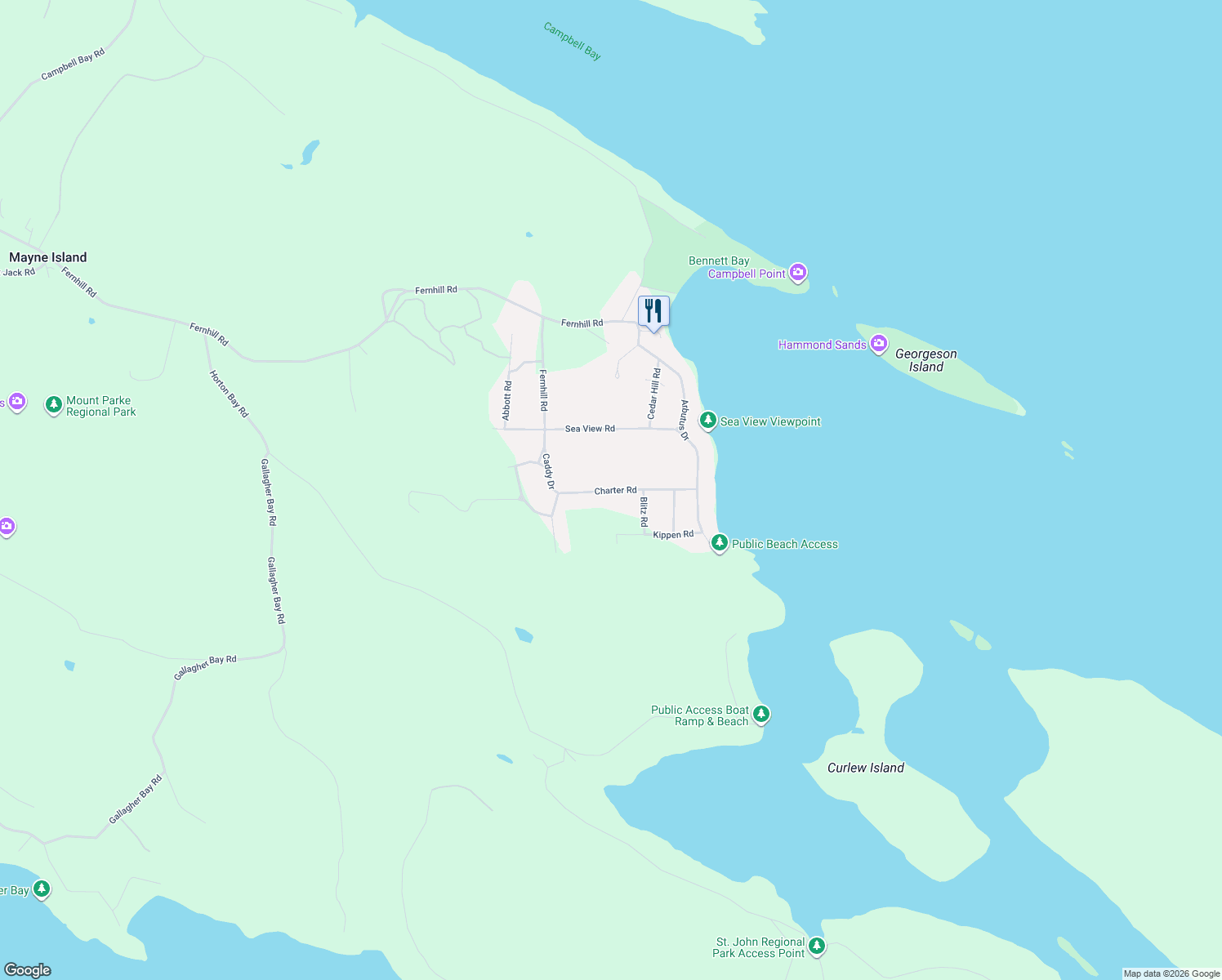 map of restaurants, bars, coffee shops, grocery stores, and more near Charter Road in Mayne Island