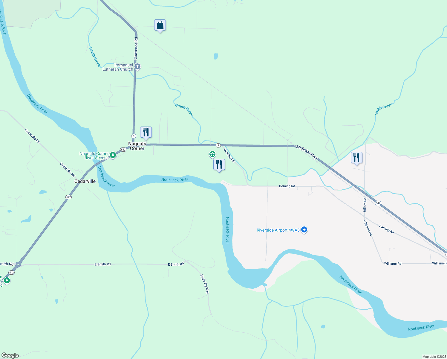 map of restaurants, bars, coffee shops, grocery stores, and more near 3999 Deming Road in Everson