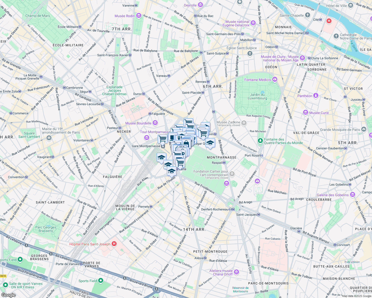 map of restaurants, bars, coffee shops, grocery stores, and more near 1 Rue Jolivet in Paris