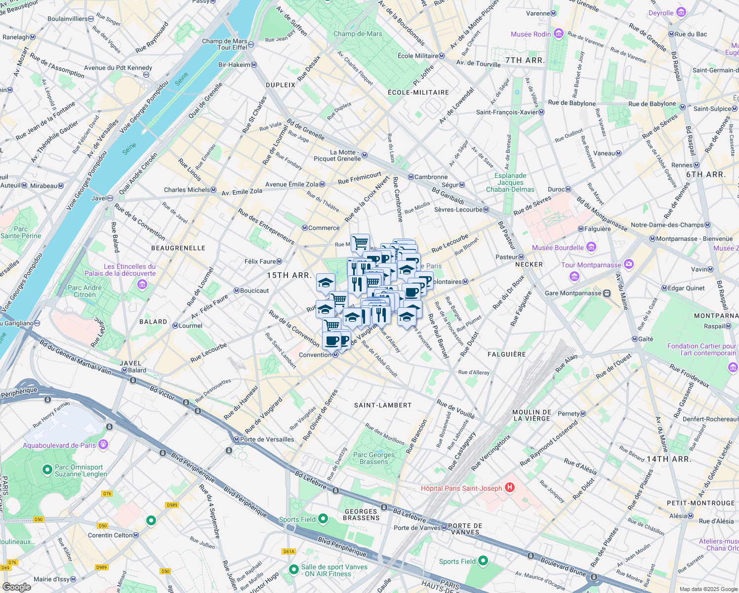map of restaurants, bars, coffee shops, grocery stores, and more near 14 Rue Pétel in Paris
