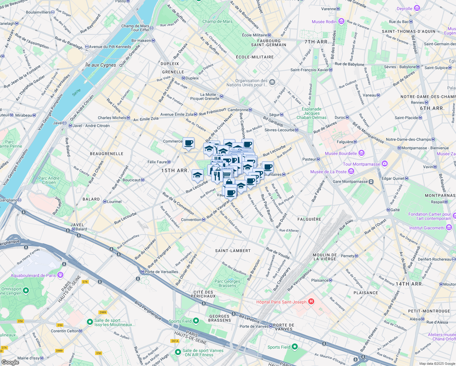 map of restaurants, bars, coffee shops, grocery stores, and more near 30 Rue Péclet in Paris