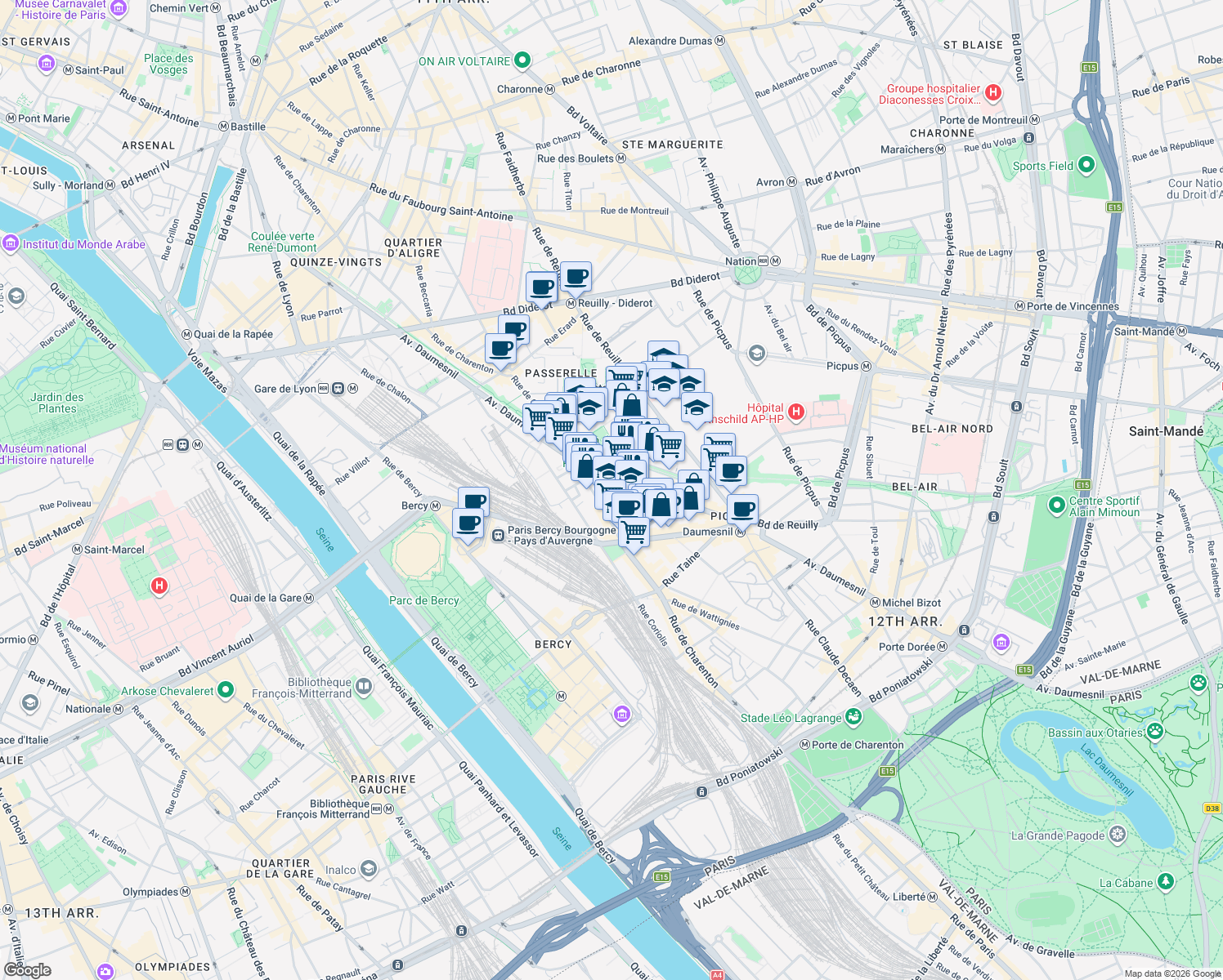 map of restaurants, bars, coffee shops, grocery stores, and more near in Paris