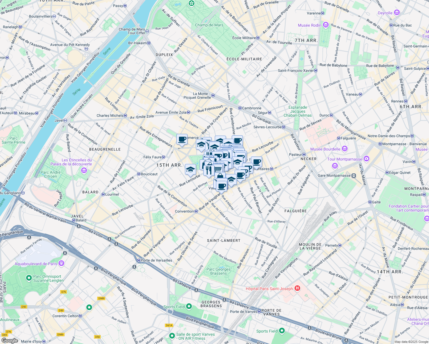 map of restaurants, bars, coffee shops, grocery stores, and more near 4 Rue Pétel in Paris