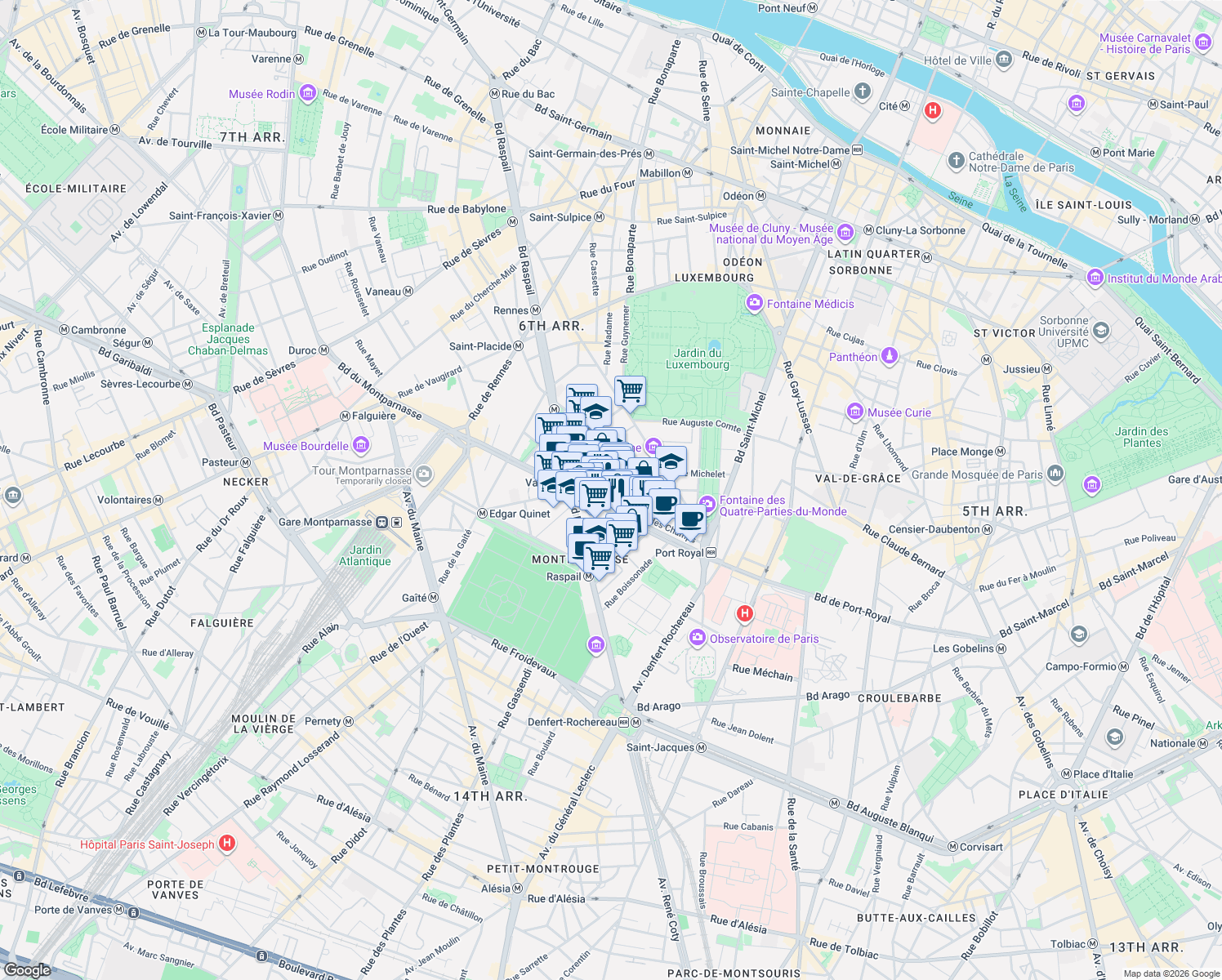 map of restaurants, bars, coffee shops, grocery stores, and more near 4 Rue de Chevreuse in Paris