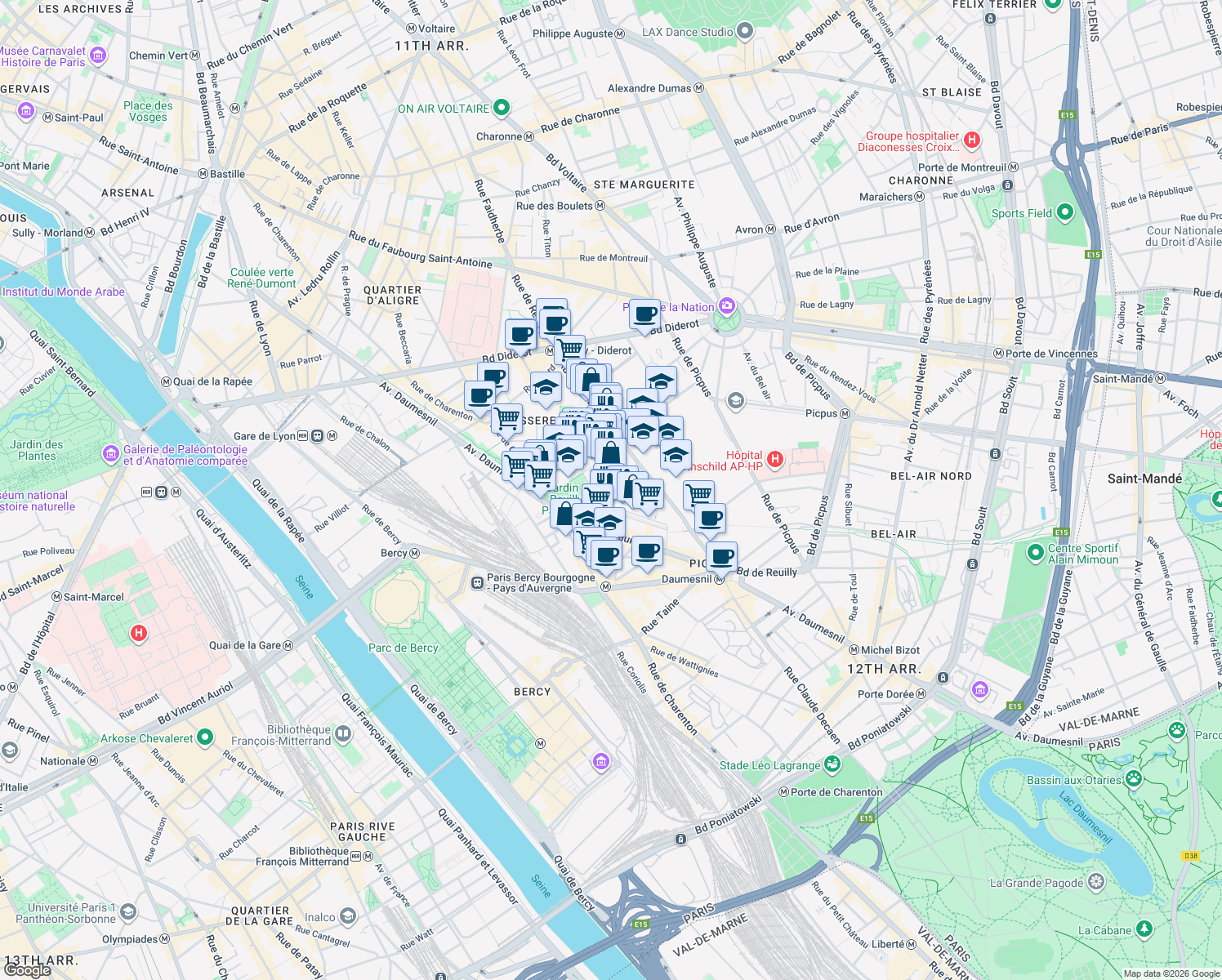 map of restaurants, bars, coffee shops, grocery stores, and more near in Paris