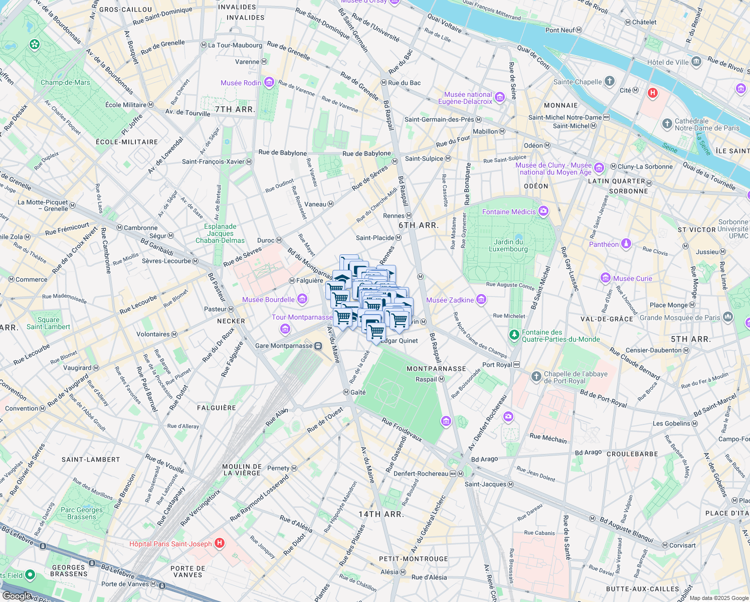 map of restaurants, bars, coffee shops, grocery stores, and more near 70 Boulevard du Montparnasse in Paris