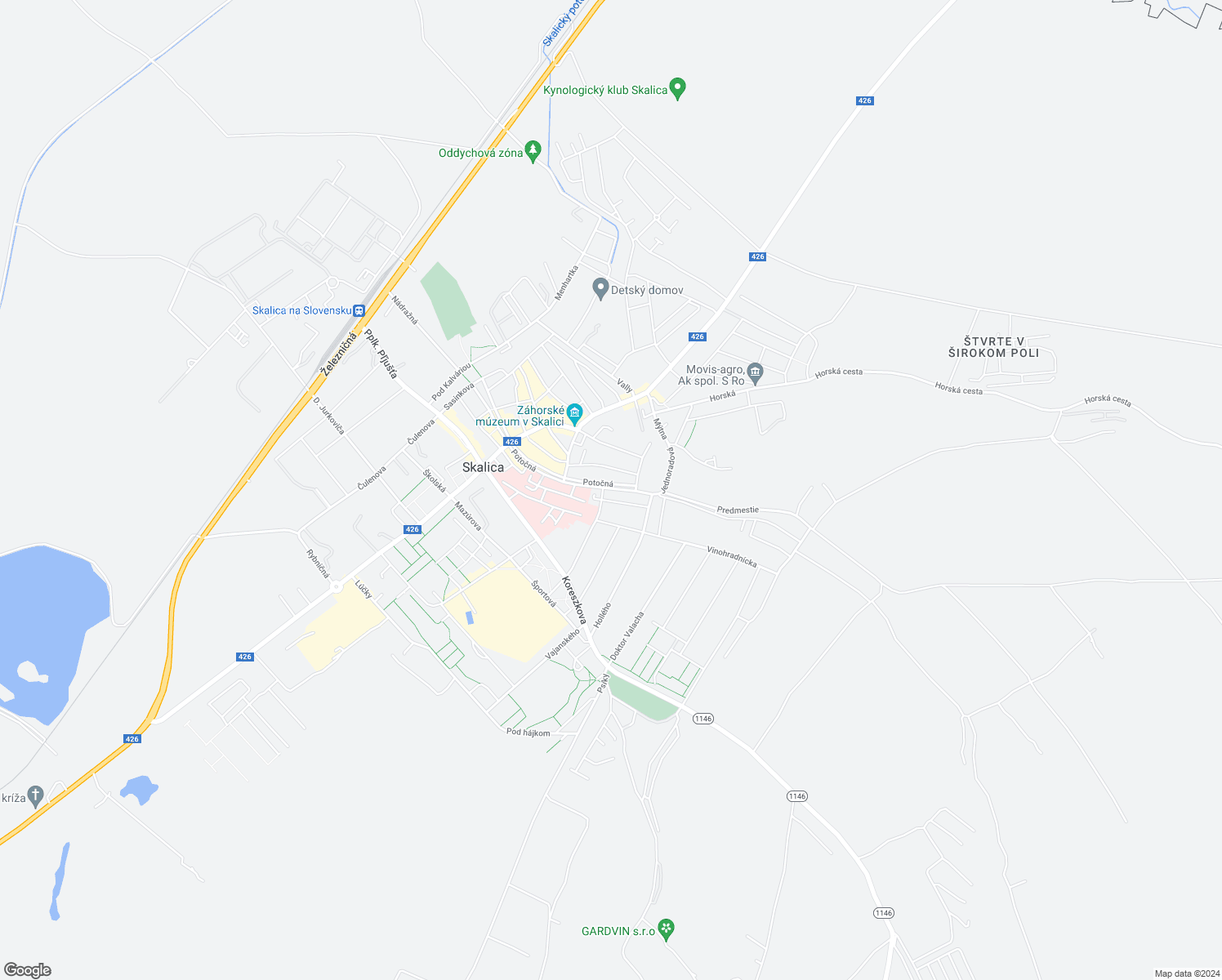 map of restaurants, bars, coffee shops, grocery stores, and more near 295/112 Potočná in Skalica