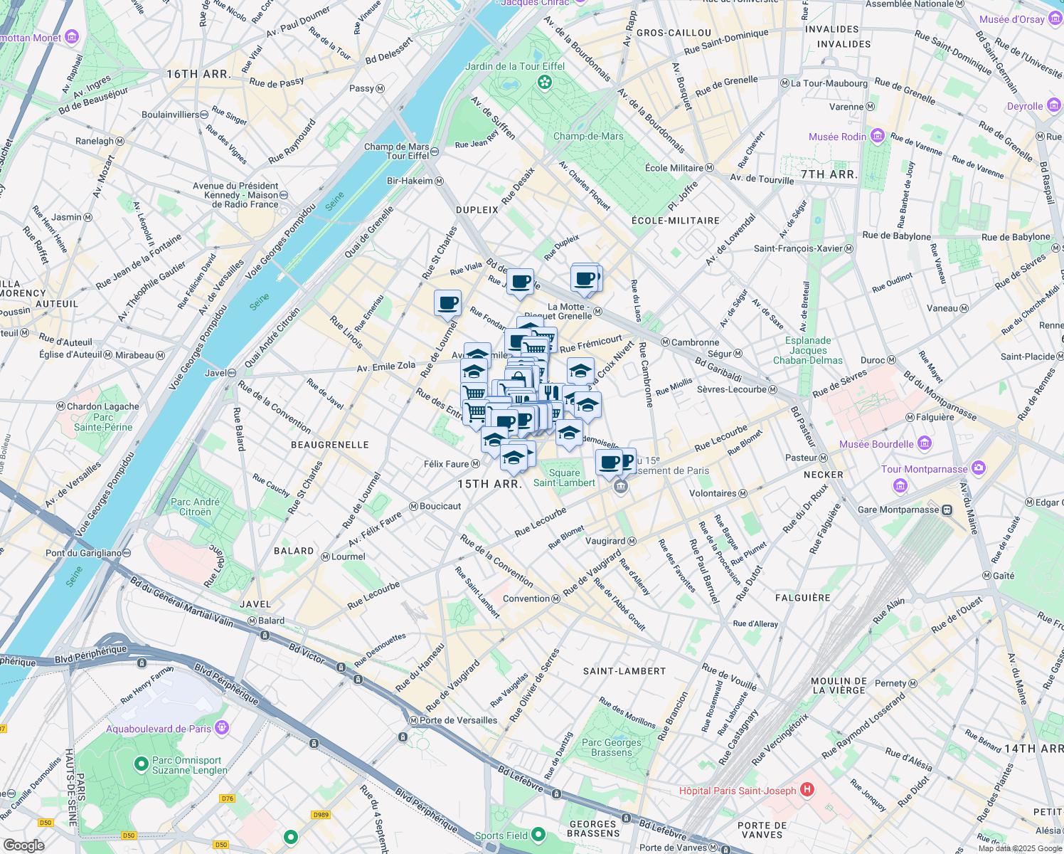 map of restaurants, bars, coffee shops, grocery stores, and more near 15 Rue Lakanal in Paris