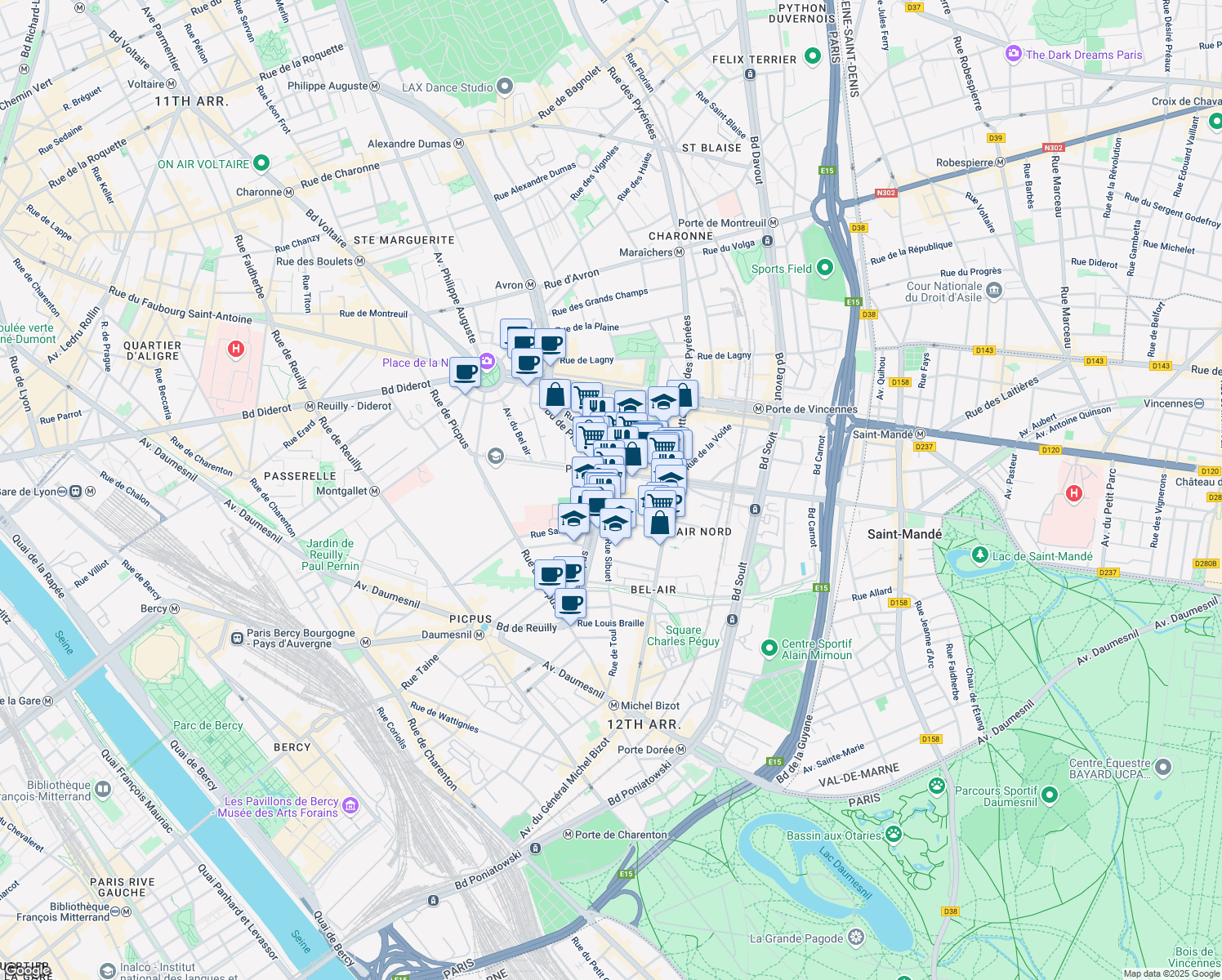 map of restaurants, bars, coffee shops, grocery stores, and more near 44 Rue Sibuet in Paris