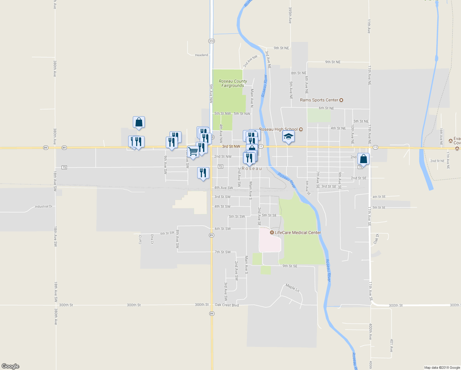map of restaurants, bars, coffee shops, grocery stores, and more near 208 3rd Avenue Southwest in Roseau