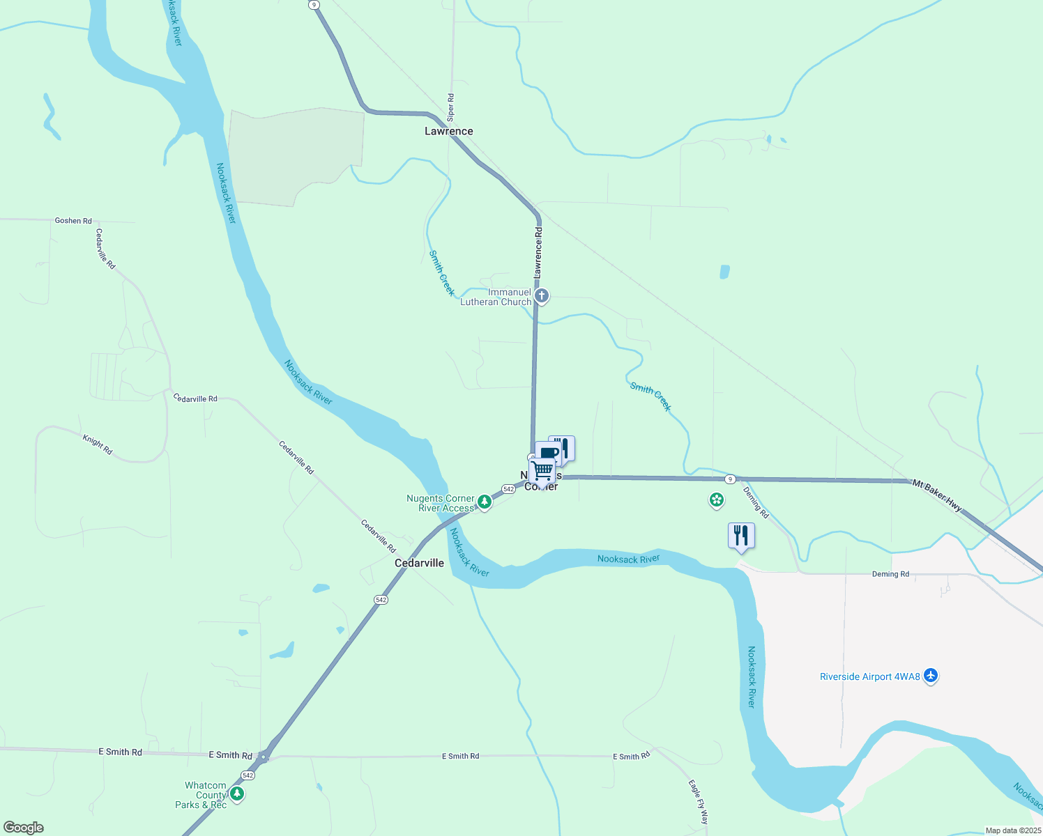 map of restaurants, bars, coffee shops, grocery stores, and more near 5665 Lawrence Rd in Everson