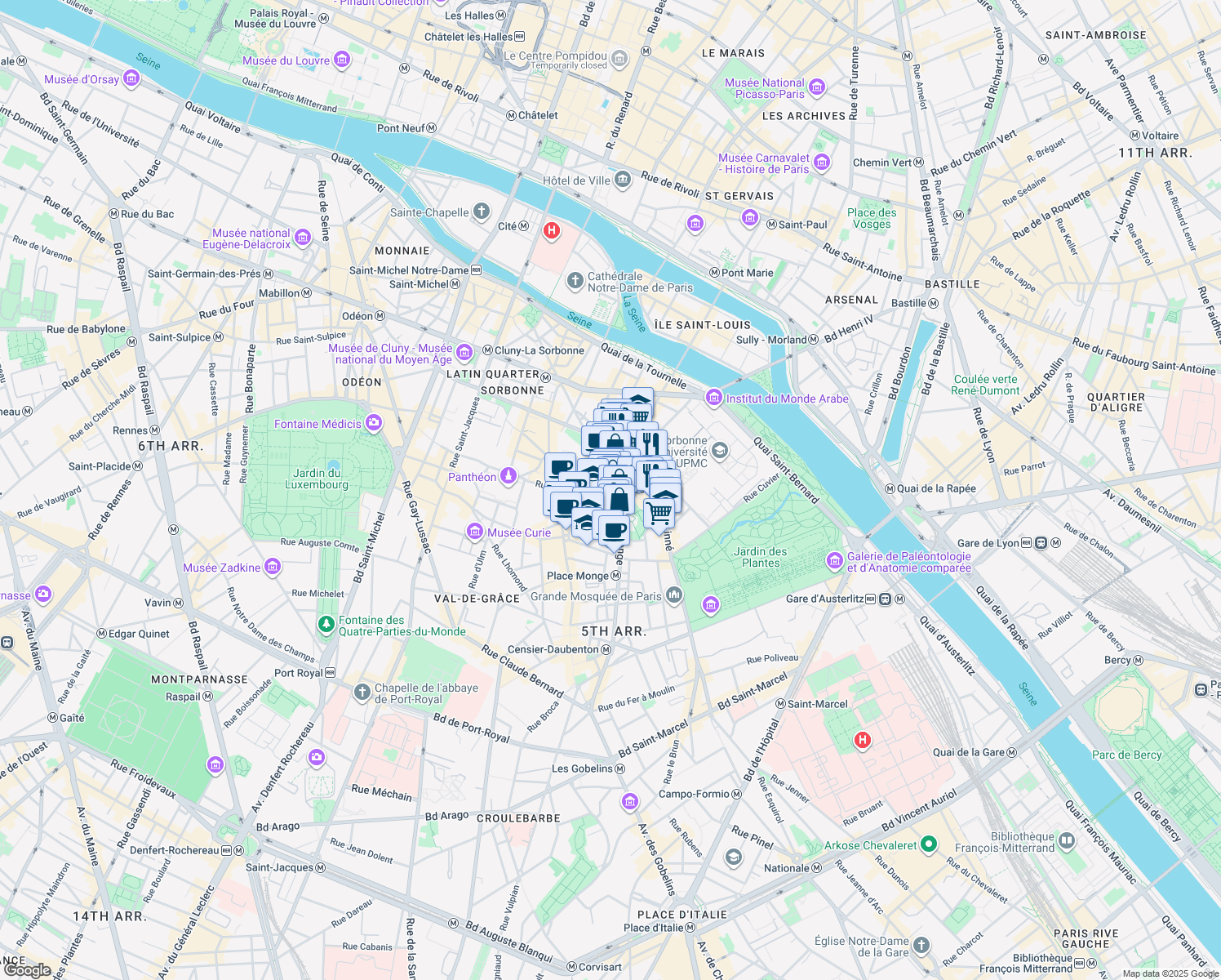 map of restaurants, bars, coffee shops, grocery stores, and more near 32 Rue Monge in Paris