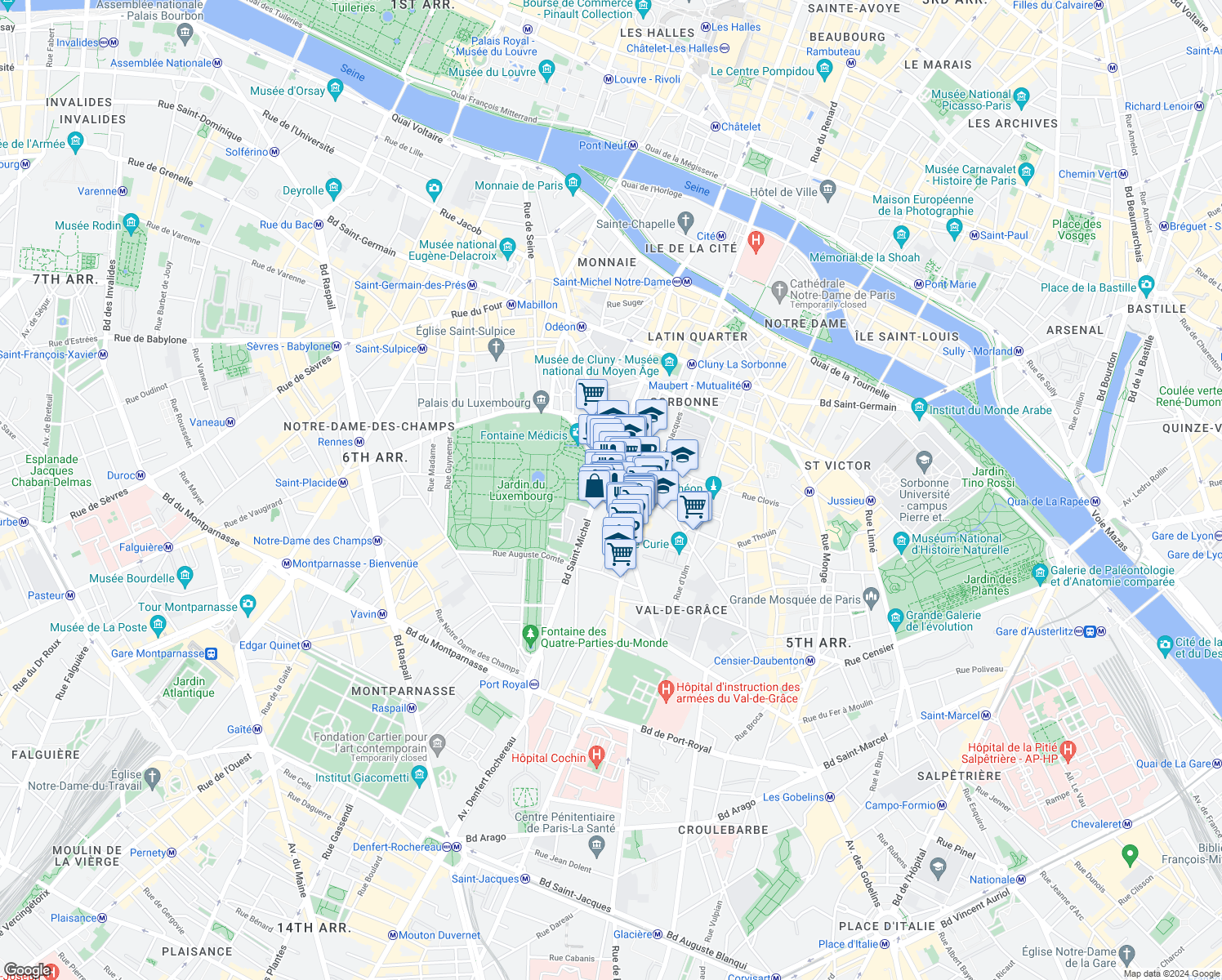 map of restaurants, bars, coffee shops, grocery stores, and more near 5 Rue Gay-Lussac in Paris