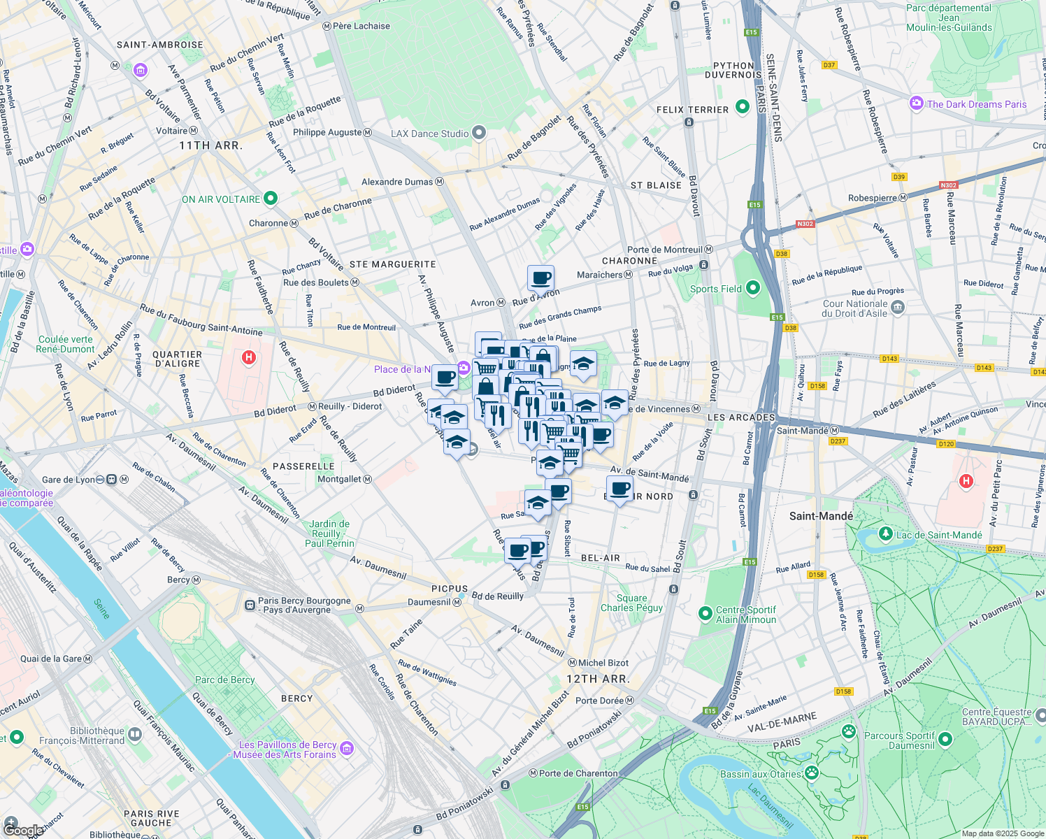 map of restaurants, bars, coffee shops, grocery stores, and more near 67 Boulevard de Picpus in Paris