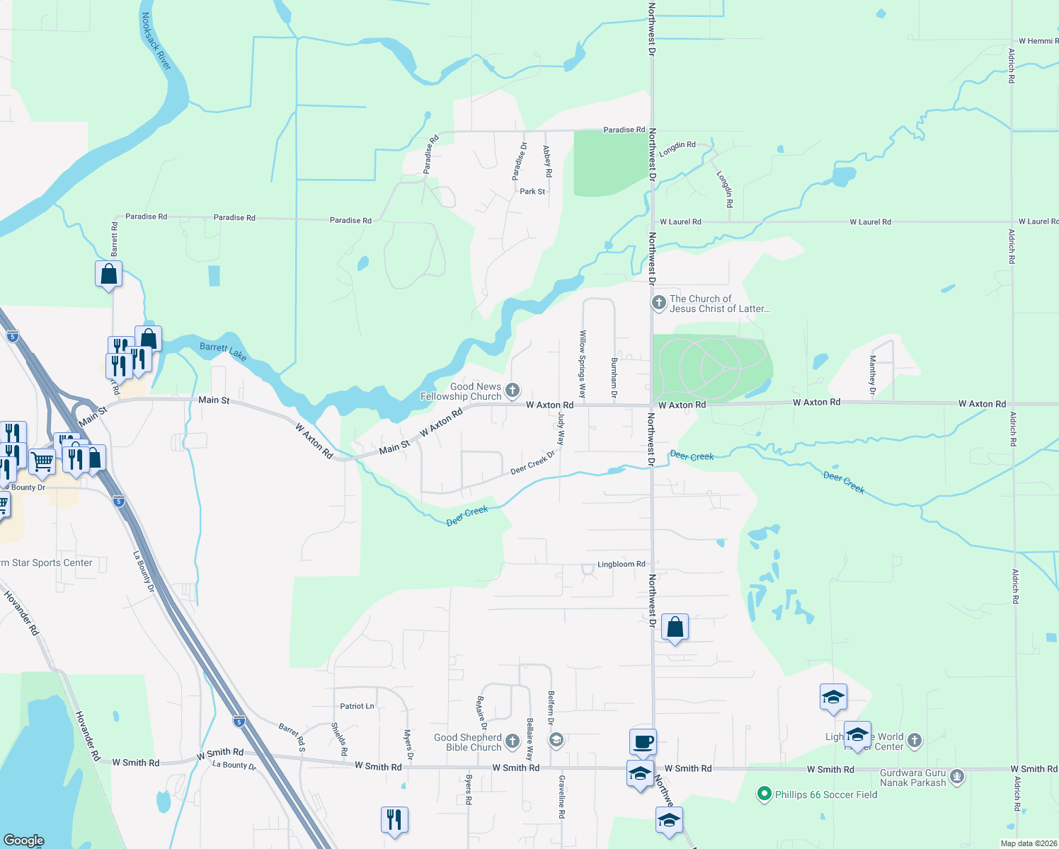 map of restaurants, bars, coffee shops, grocery stores, and more near 1237 W Axton Rd in Ferndale