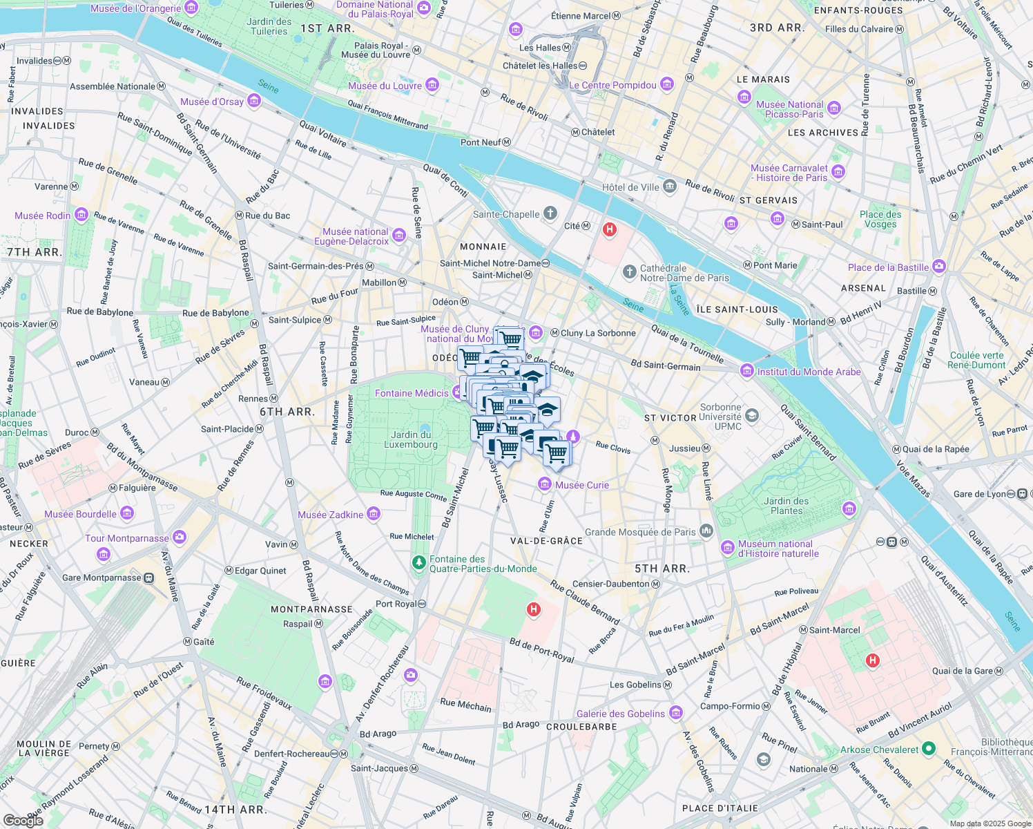 map of restaurants, bars, coffee shops, grocery stores, and more near 11 Rue Cujas in Paris