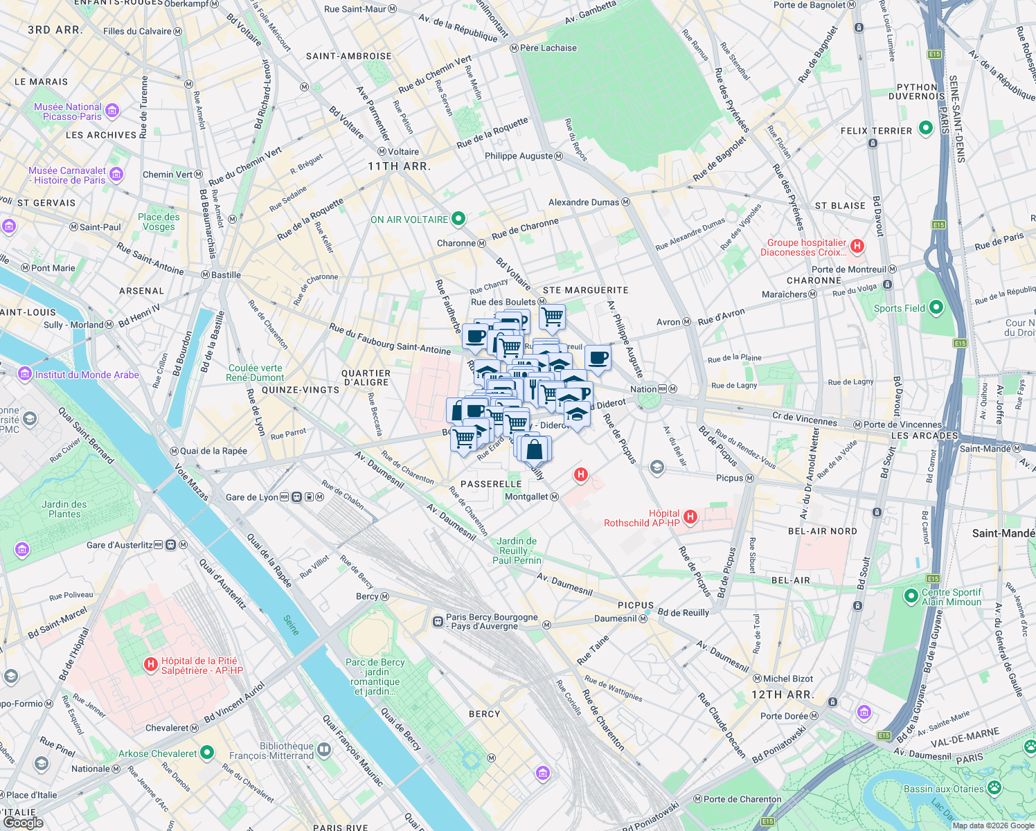 map of restaurants, bars, coffee shops, grocery stores, and more near 85 Boulevard Diderot in Paris