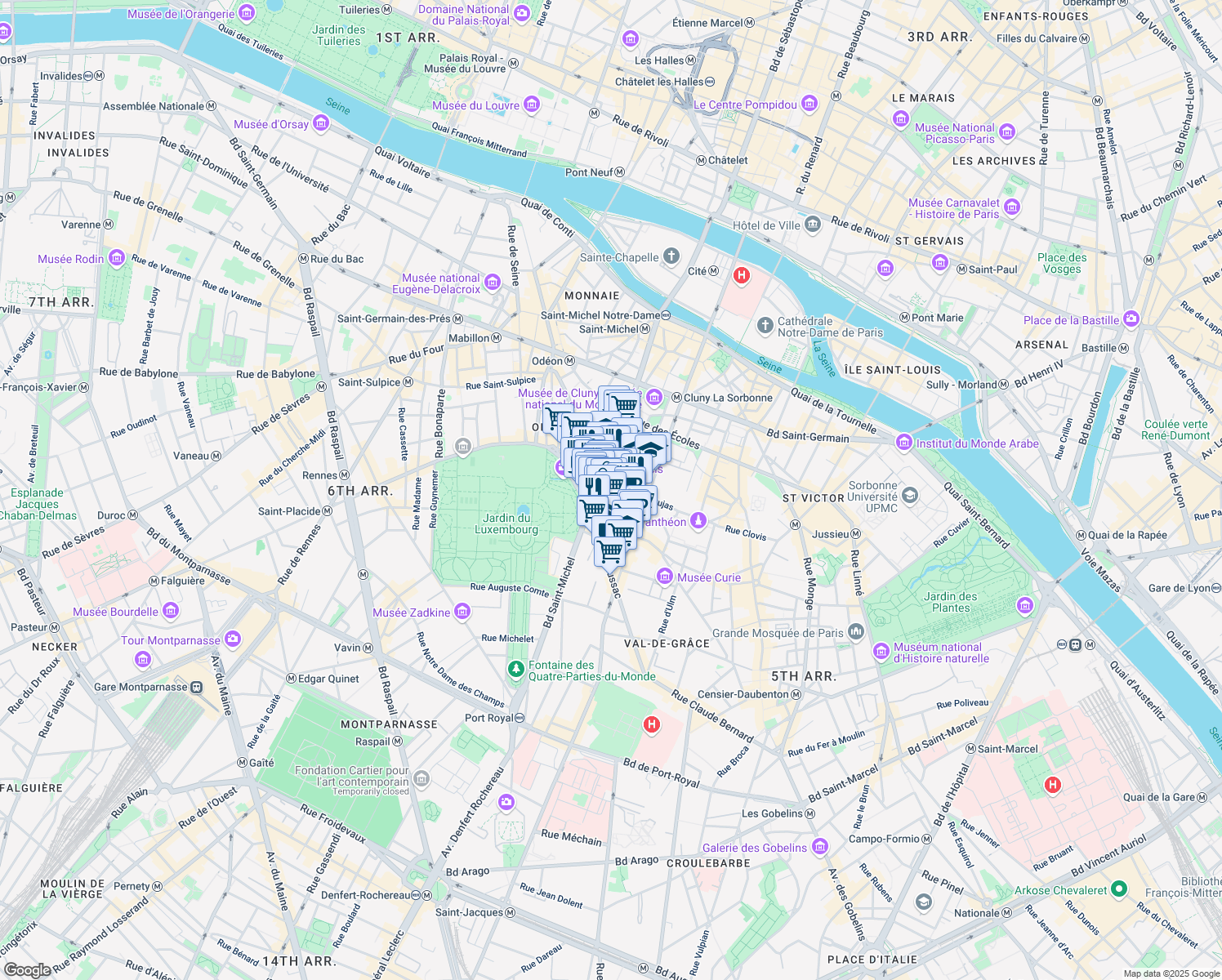 map of restaurants, bars, coffee shops, grocery stores, and more near 23 Rue Cujas in Paris