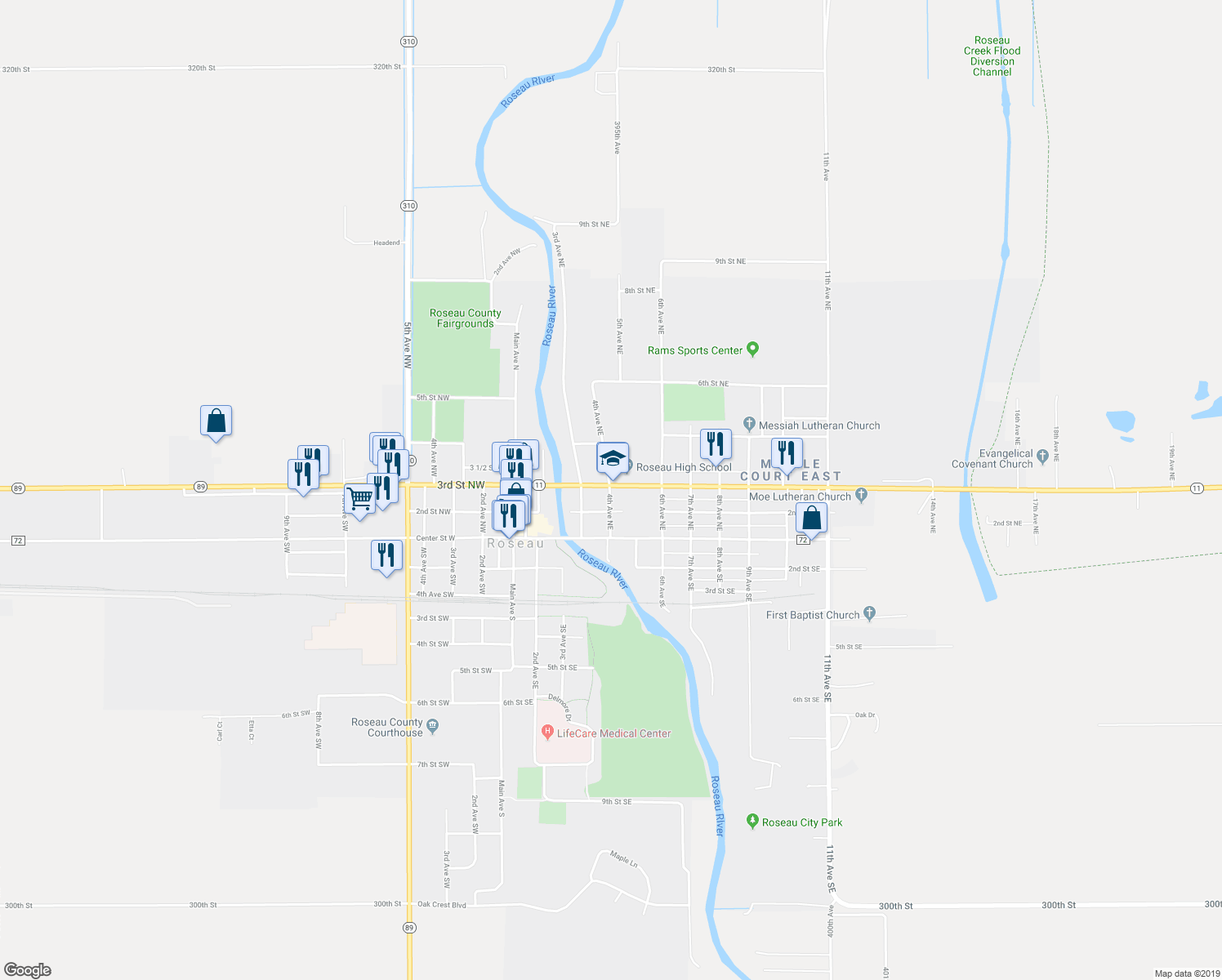 map of restaurants, bars, coffee shops, grocery stores, and more near 404 3rd Street Northeast in Roseau
