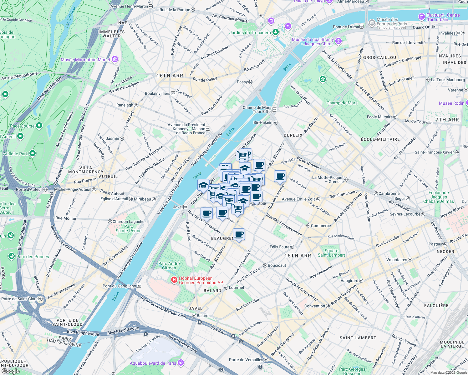 map of restaurants, bars, coffee shops, grocery stores, and more near Rue Linois in Paris