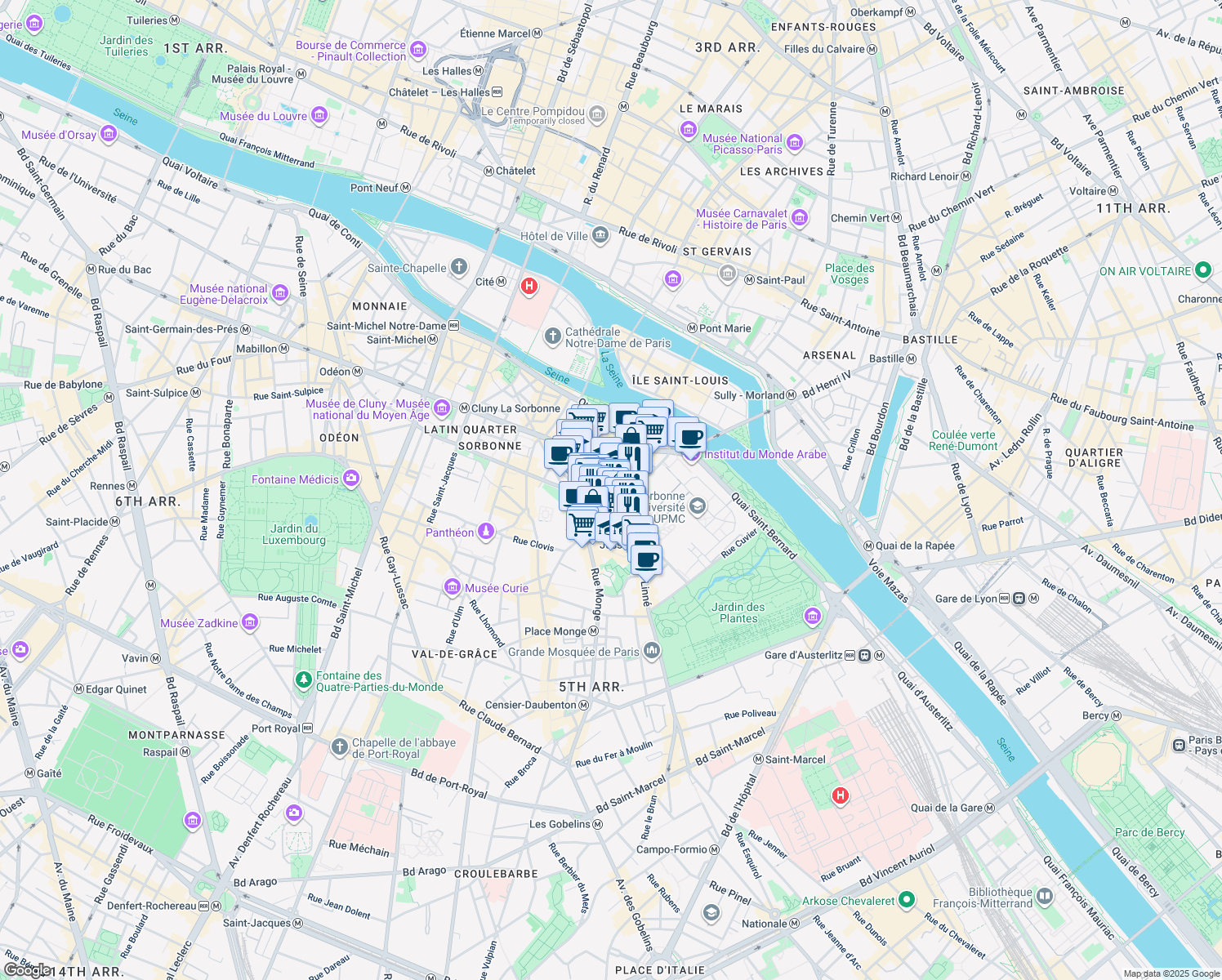 map of restaurants, bars, coffee shops, grocery stores, and more near 28 Rue du Cardinal Lemoine in Paris