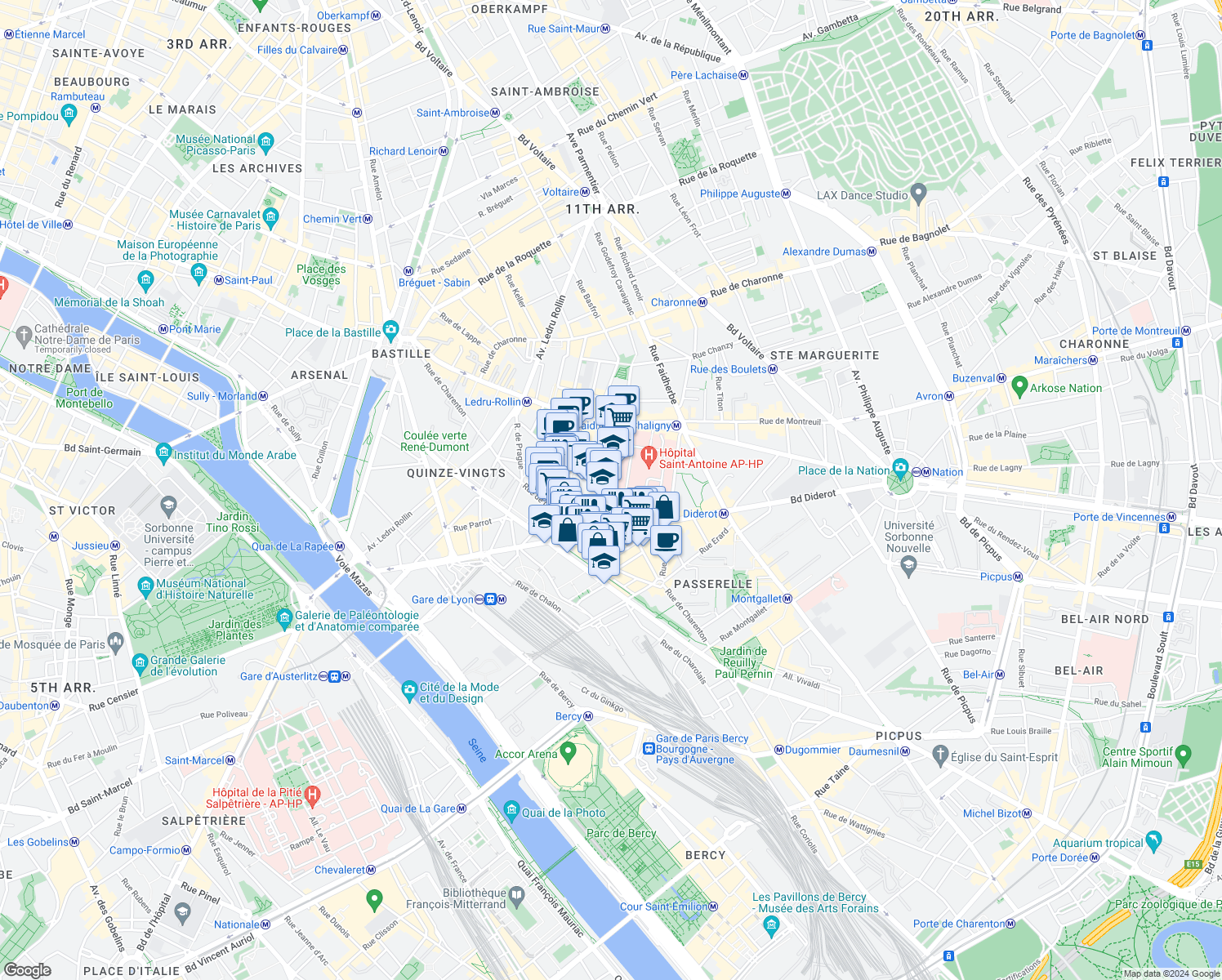 map of restaurants, bars, coffee shops, grocery stores, and more near Rue de Cîteaux in Paris
