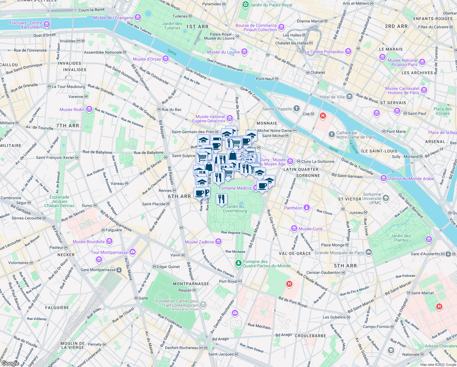 map of restaurants, bars, coffee shops, grocery stores, and more near in Paris
