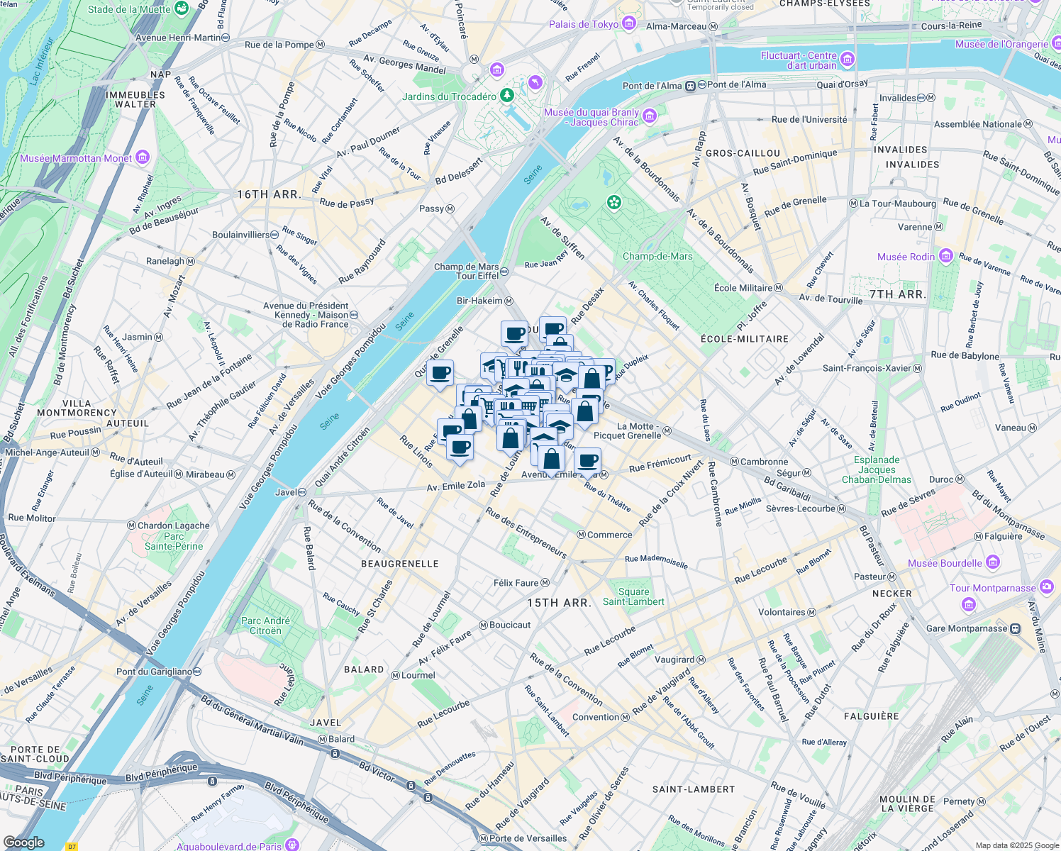 map of restaurants, bars, coffee shops, grocery stores, and more near 28 Rue de Lourmel in Paris