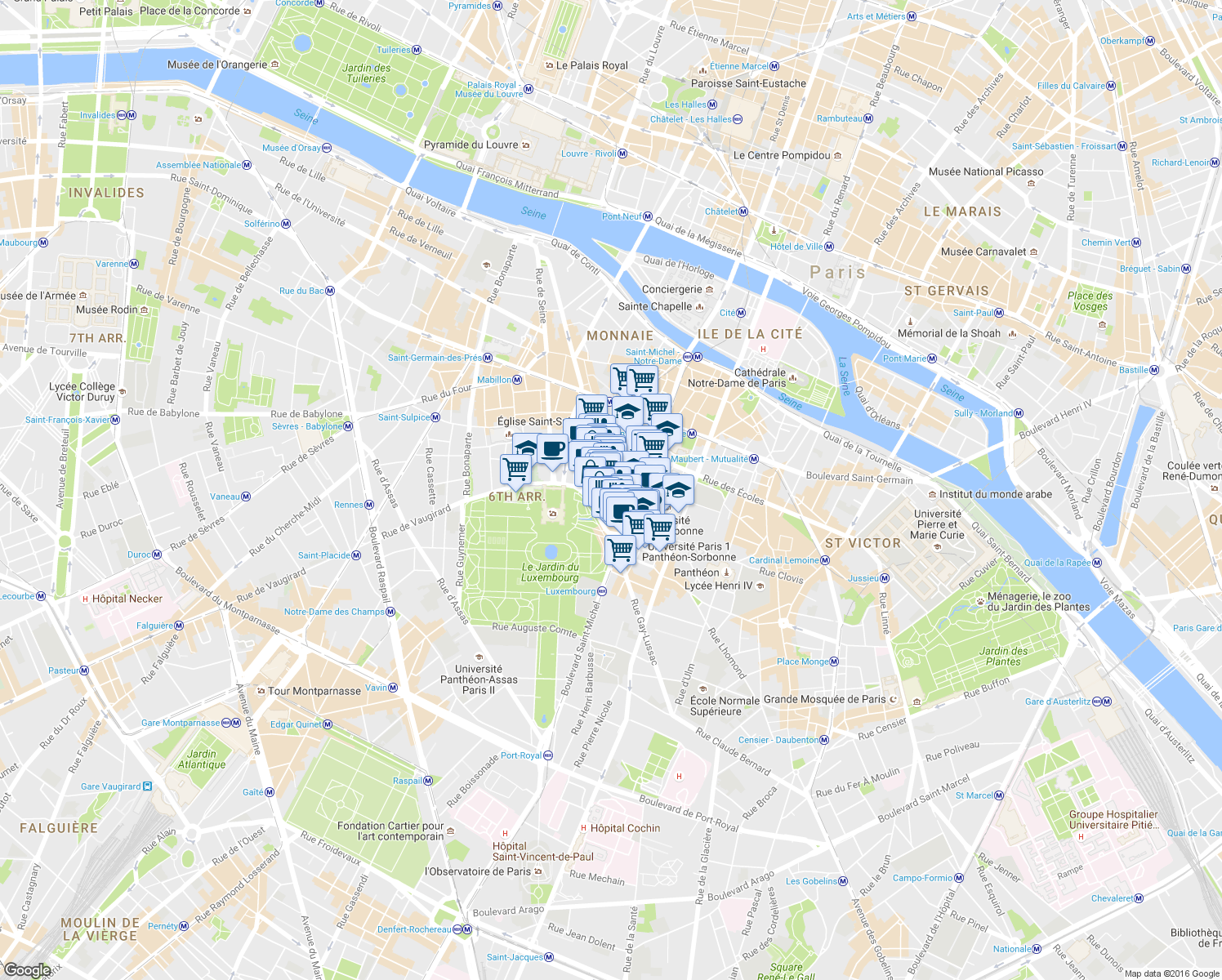 map of restaurants, bars, coffee shops, grocery stores, and more near 38 Rue Monsieur-le-Prince in Paris