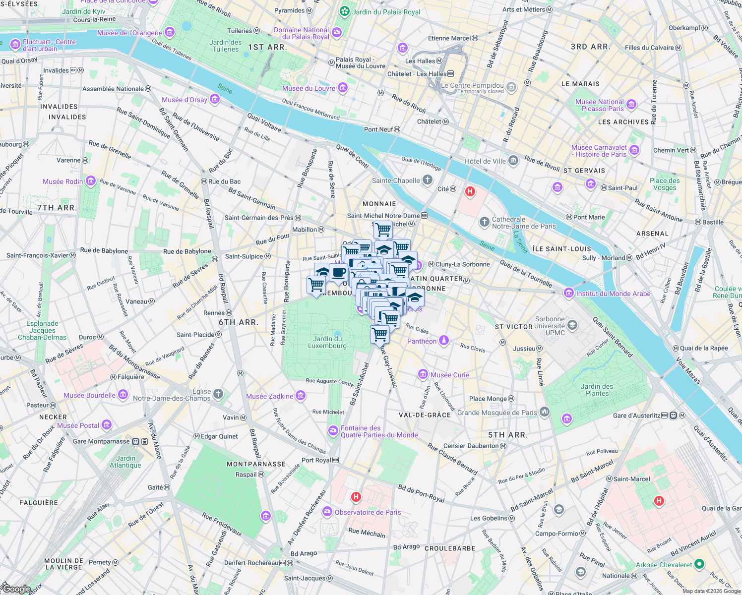 map of restaurants, bars, coffee shops, grocery stores, and more near 4 Rue de Vaugirard in Paris