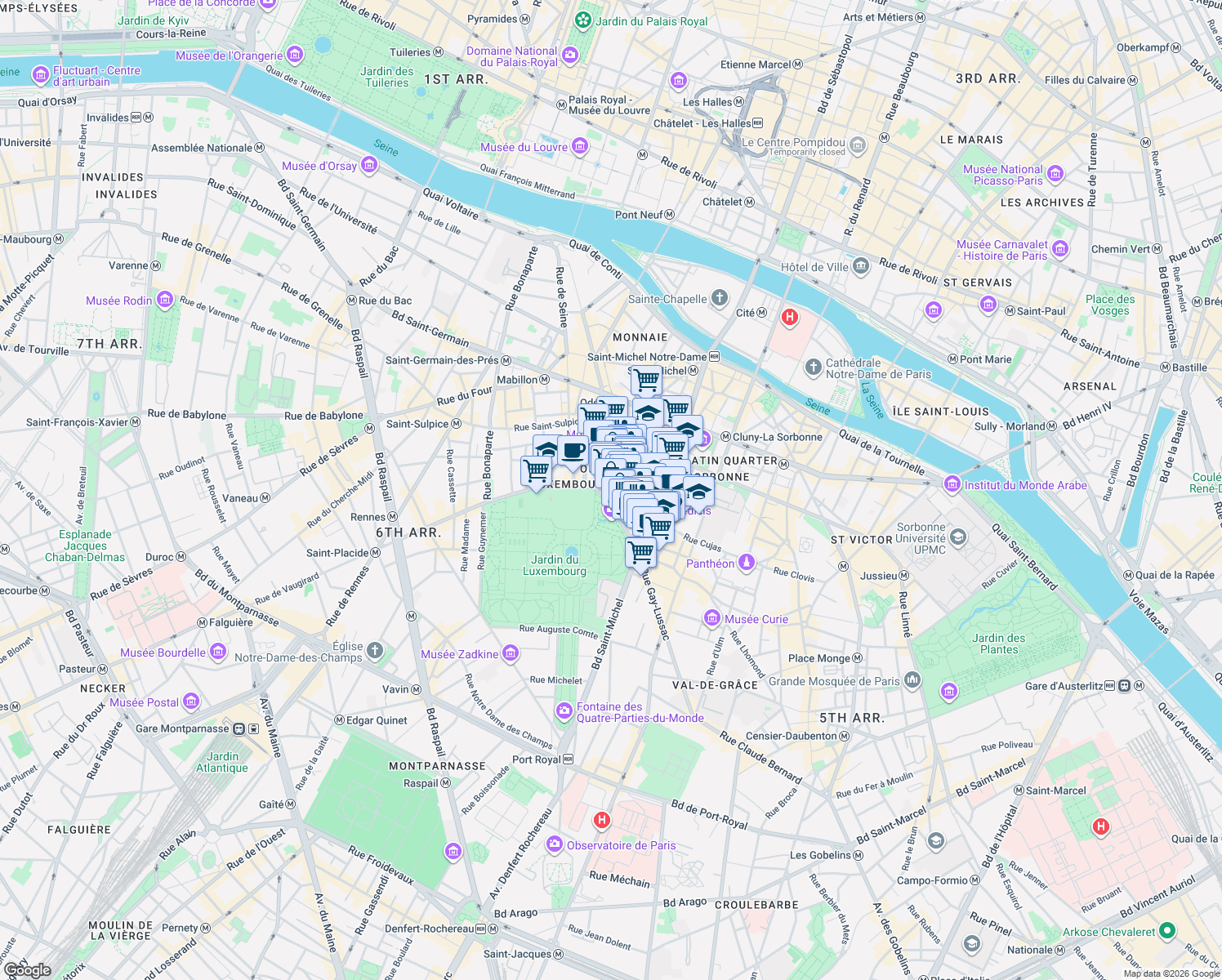 map of restaurants, bars, coffee shops, grocery stores, and more near 16 Rue de Vaugirard in Paris