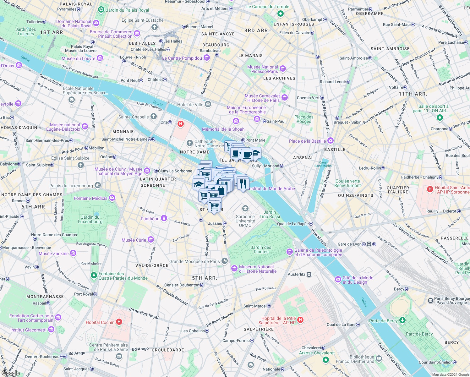 map of restaurants, bars, coffee shops, grocery stores, and more near 1 Rue des Fossés Saint-Bernard in Paris-5E-Arrondissement