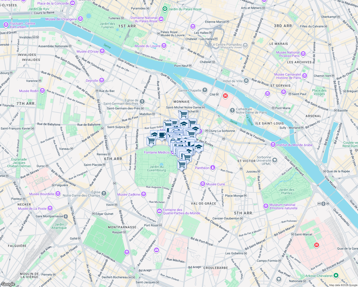 map of restaurants, bars, coffee shops, grocery stores, and more near 47 Rue Monsieur-le-Prince in Paris