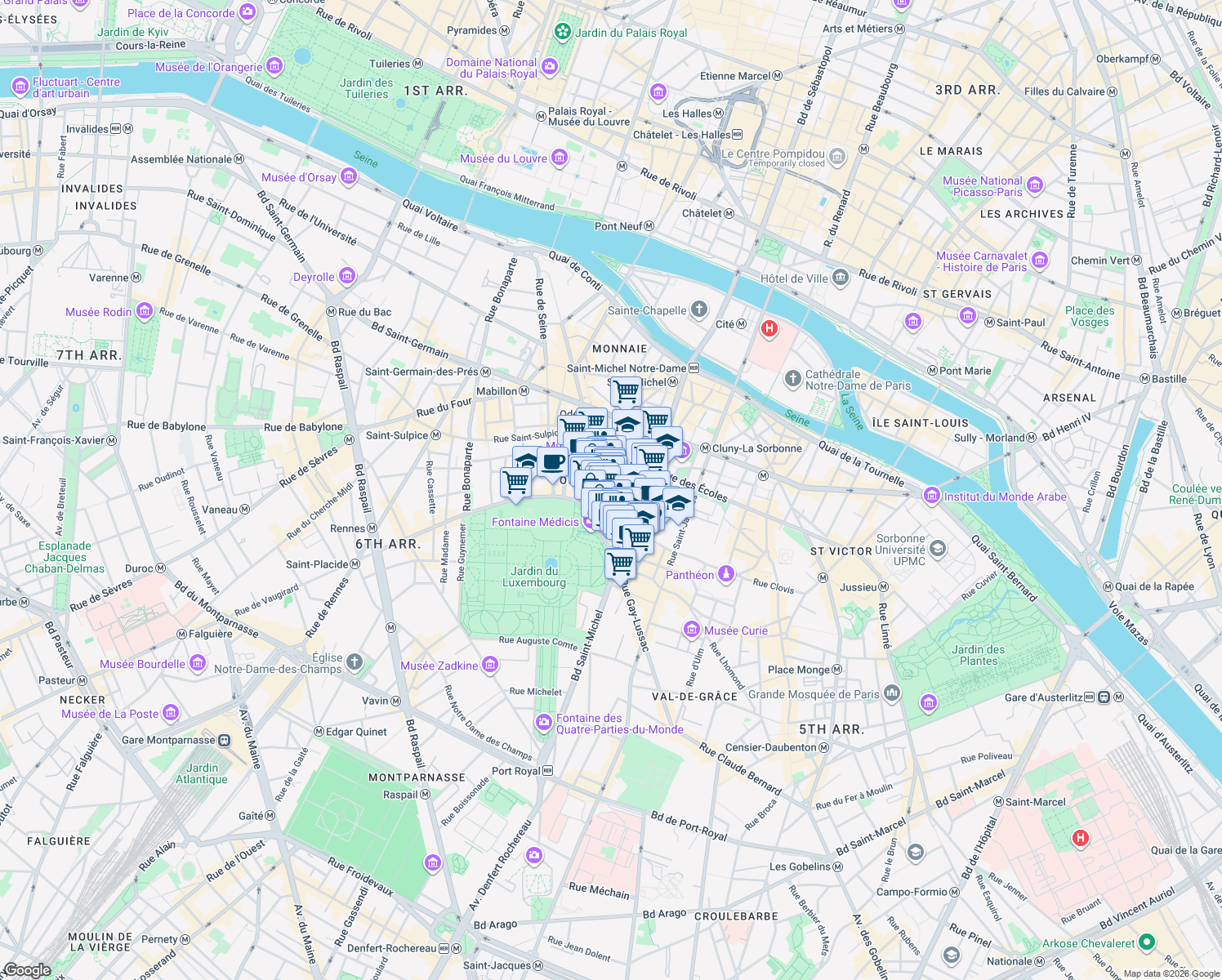 map of restaurants, bars, coffee shops, grocery stores, and more near 45 Rue Monsieur-le-Prince in Paris