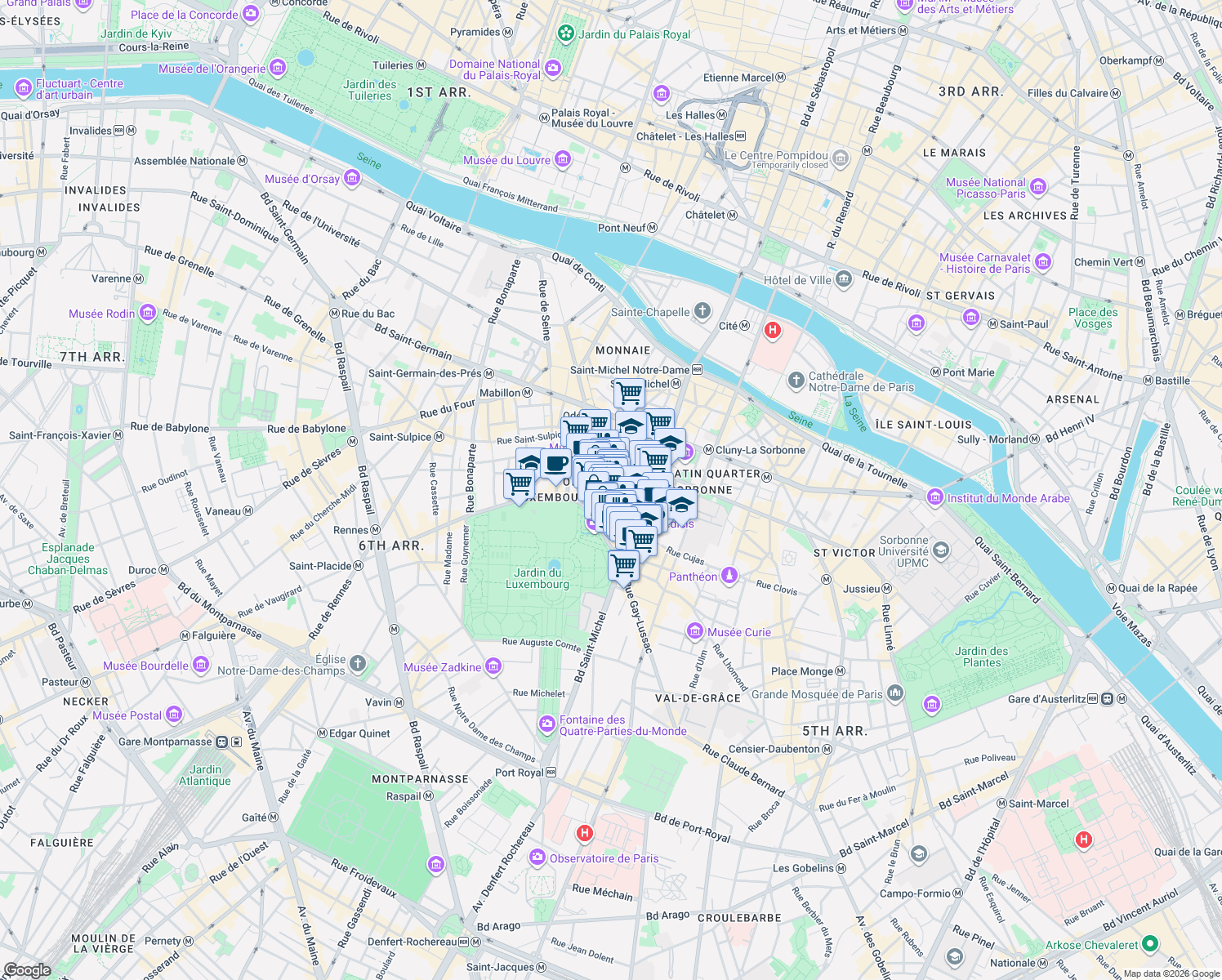 map of restaurants, bars, coffee shops, grocery stores, and more near 4 Rue de Vaugirard in Paris