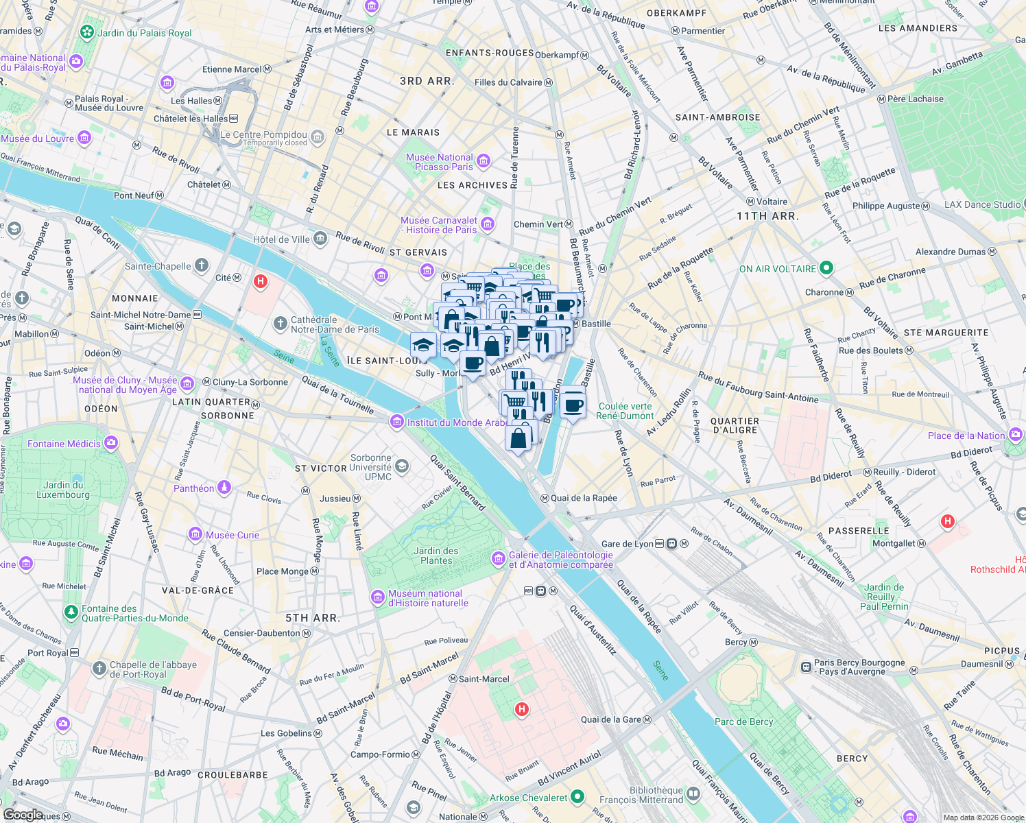 map of restaurants, bars, coffee shops, grocery stores, and more near 2 Rue de Sully in Paris