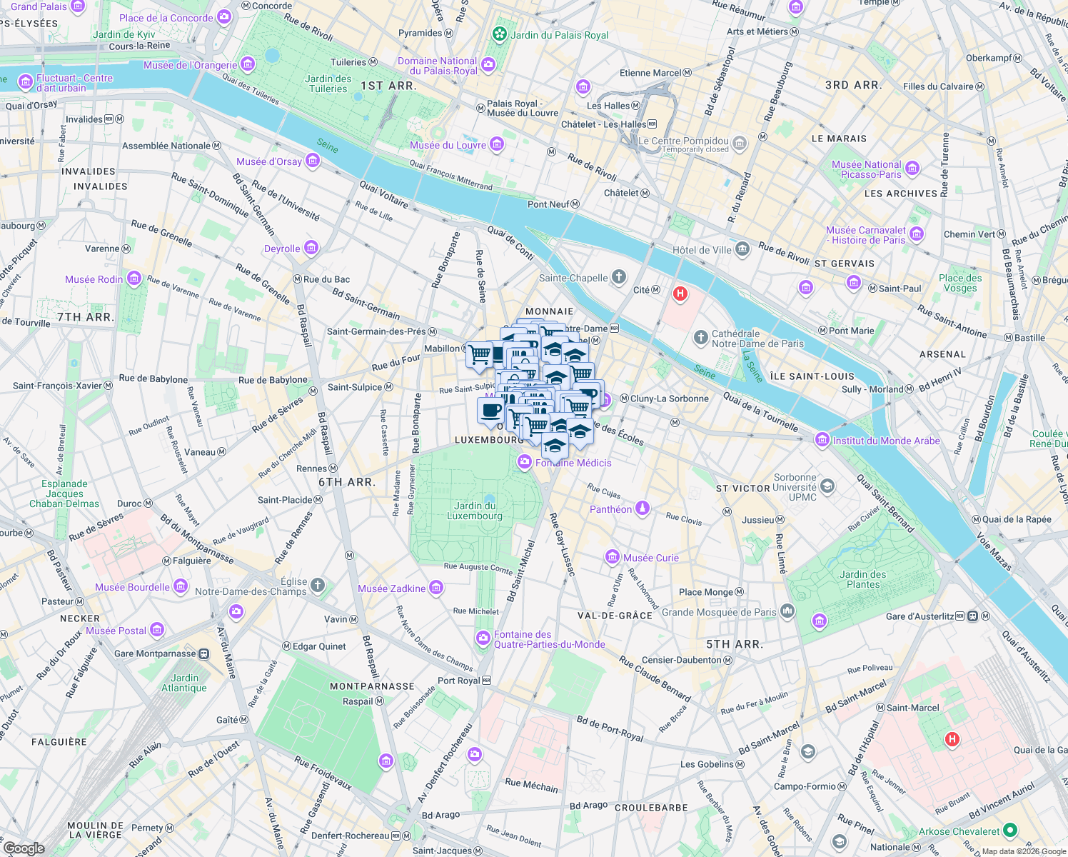 map of restaurants, bars, coffee shops, grocery stores, and more near 22 Rue Monsieur-le-Prince in Paris