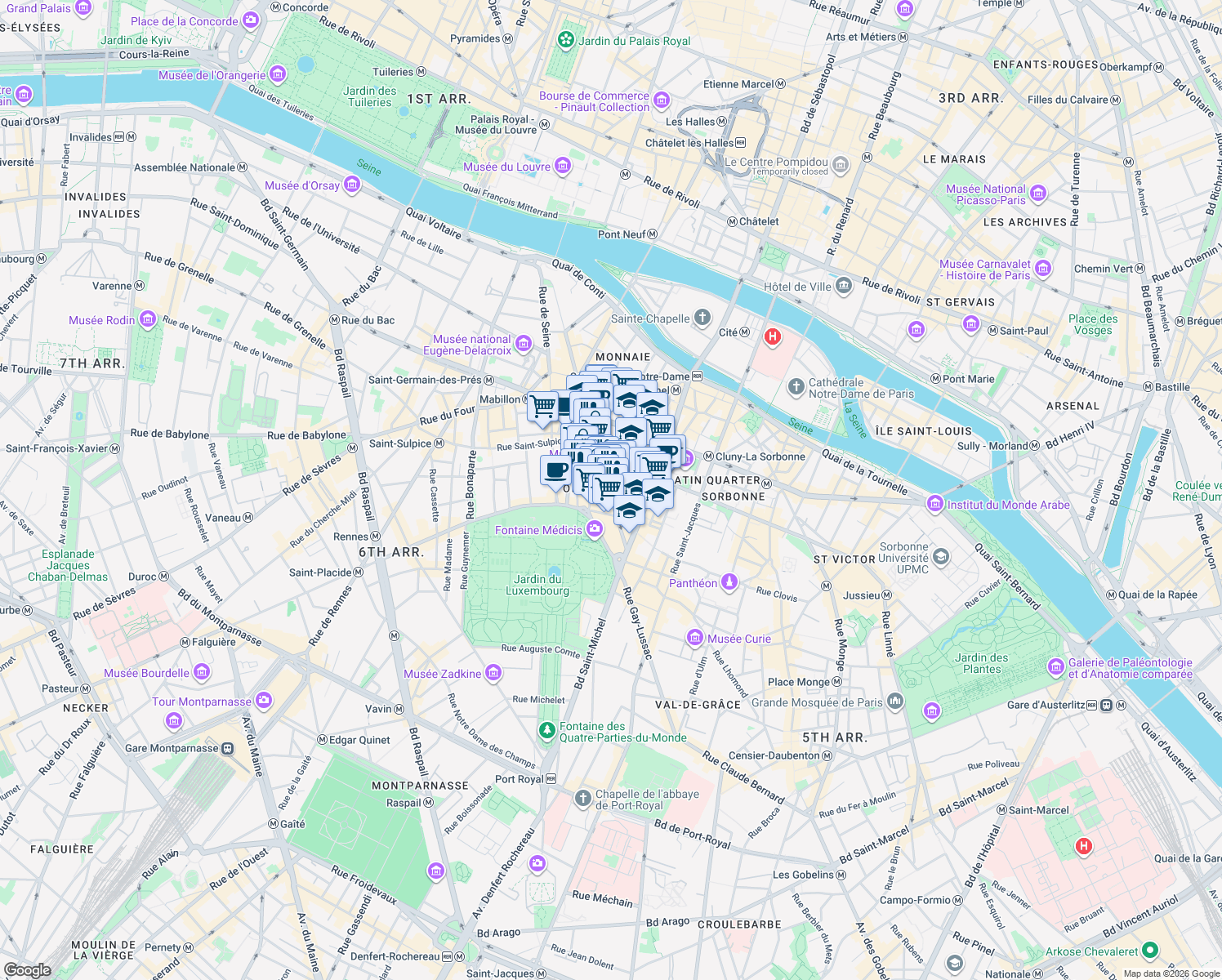 map of restaurants, bars, coffee shops, grocery stores, and more near 41 Rue Monsieur le Prince in Paris