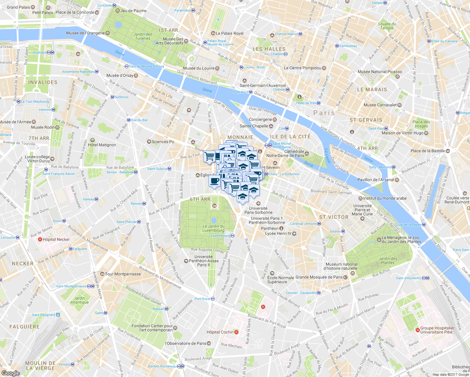 map of restaurants, bars, coffee shops, grocery stores, and more near 41 Rue Monsieur-le-Prince in Paris