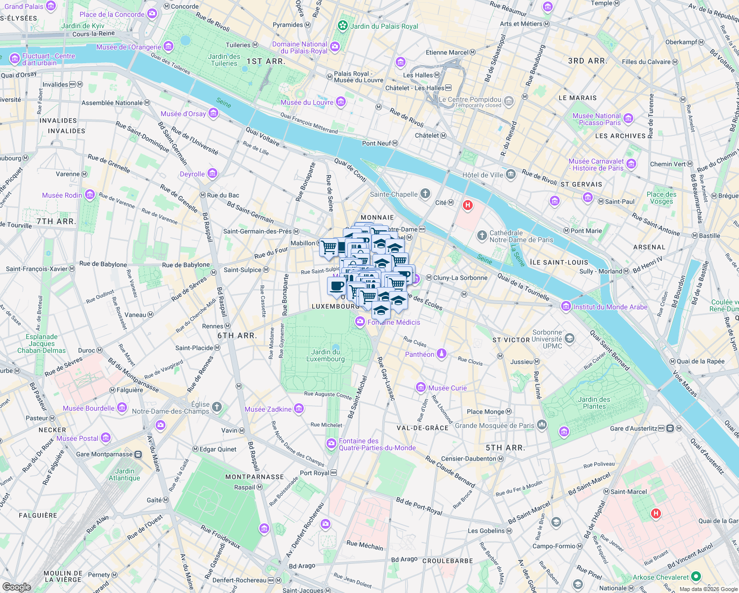 map of restaurants, bars, coffee shops, grocery stores, and more near 39 Rue Monsieur-le-Prince in Paris