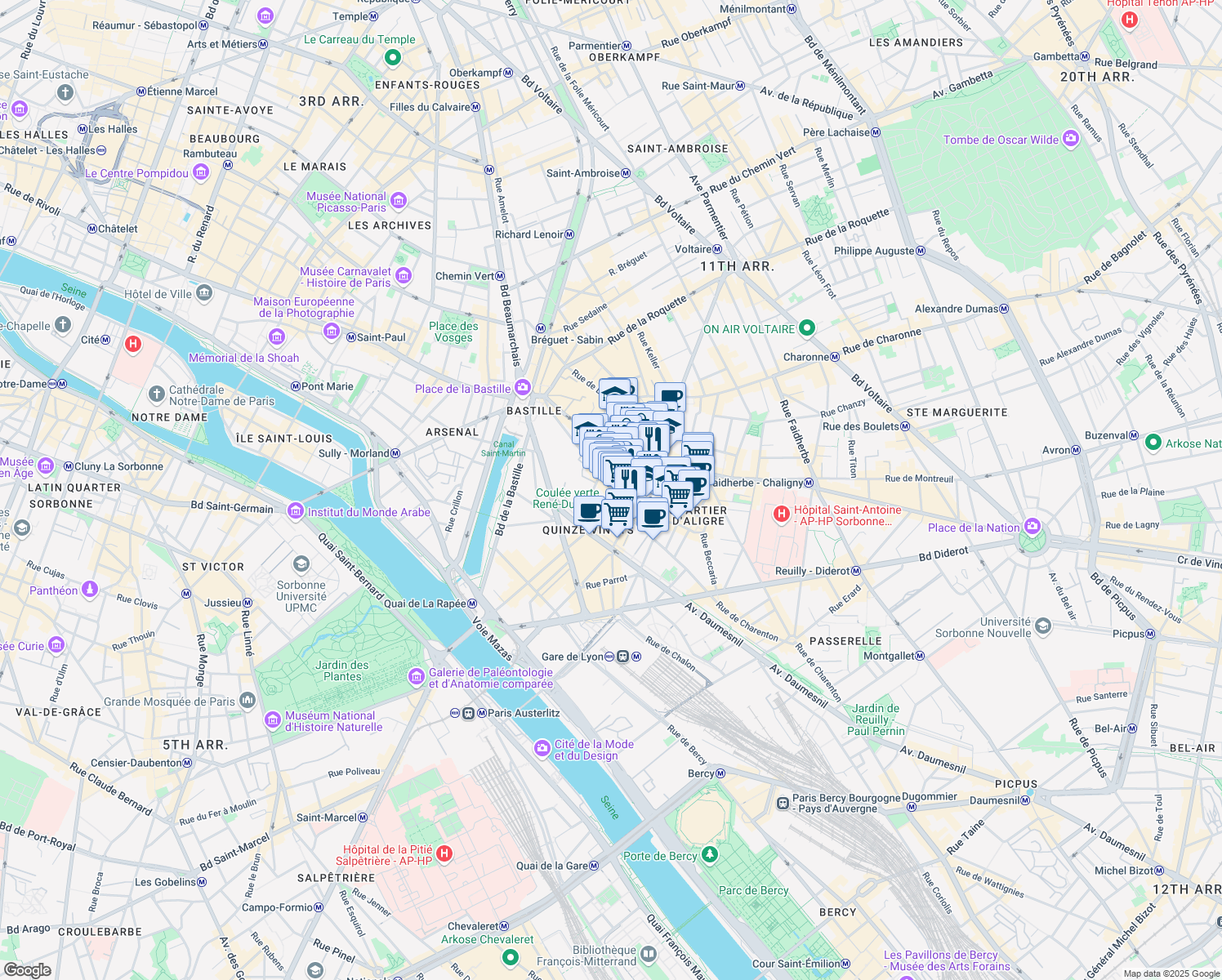 map of restaurants, bars, coffee shops, grocery stores, and more near 50 Rue de Charenton in Paris